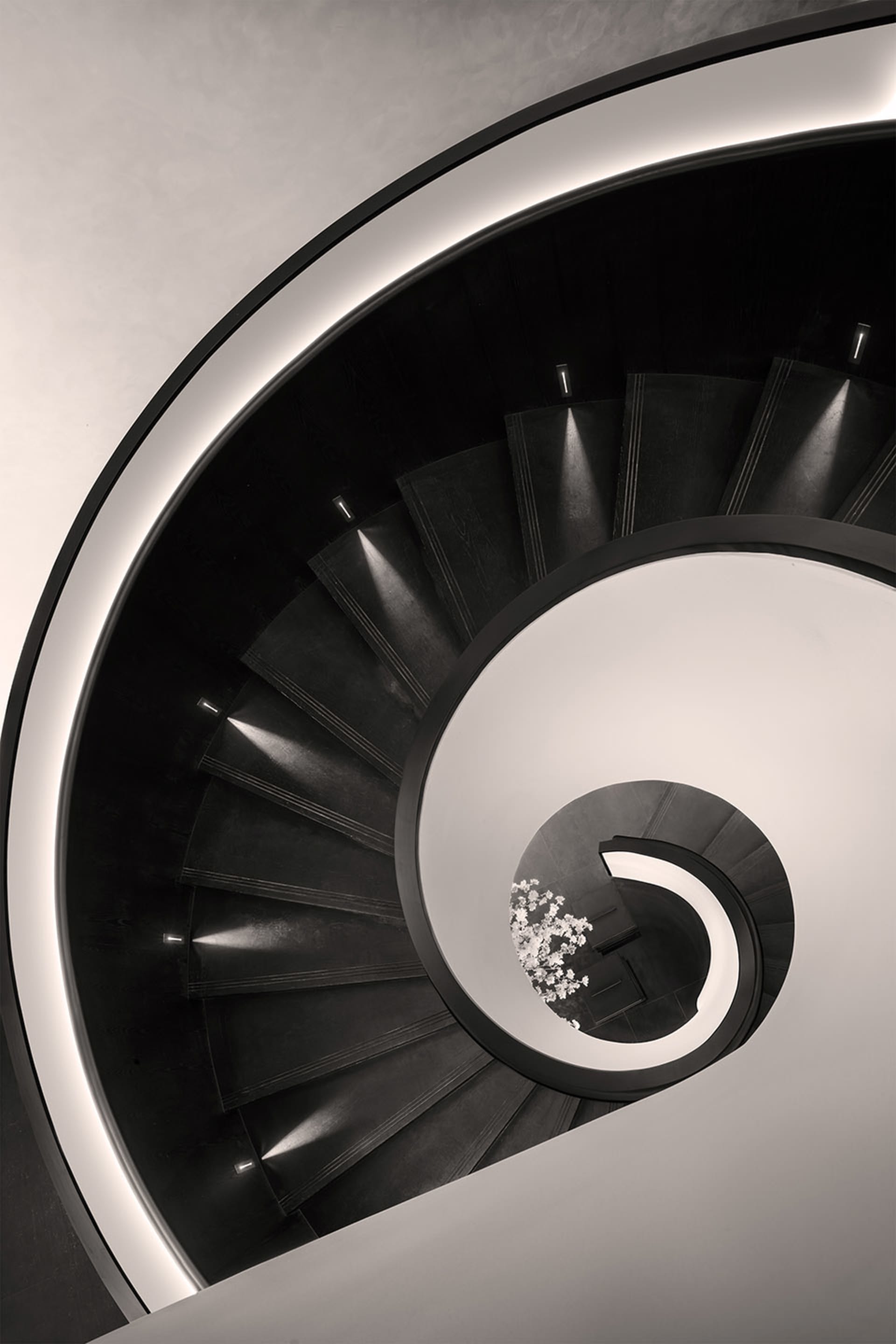 Modern, spiraling staircase with black metal steps and white walls.