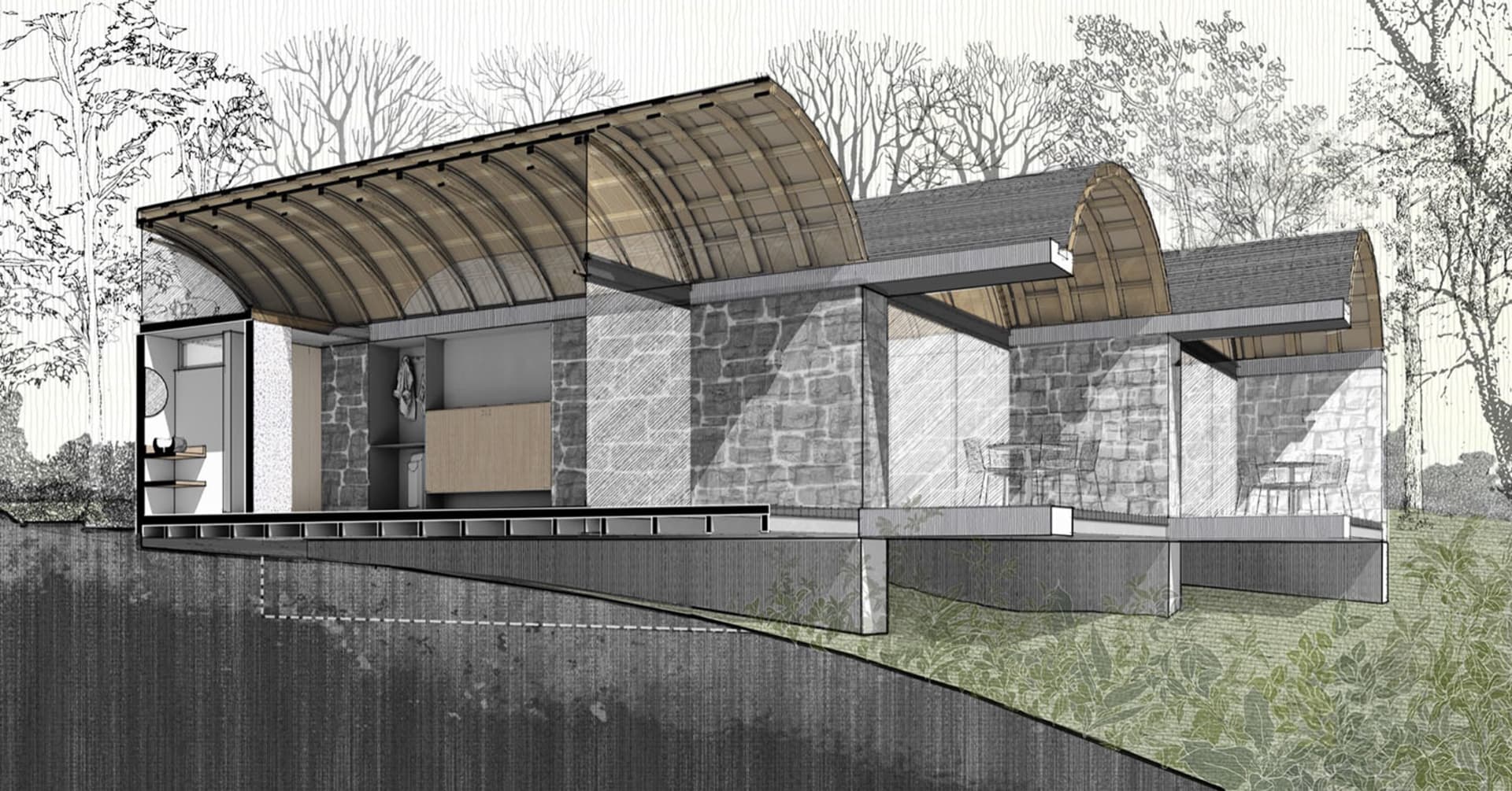 An illustration of a modern house with glass walls and wooden elements.