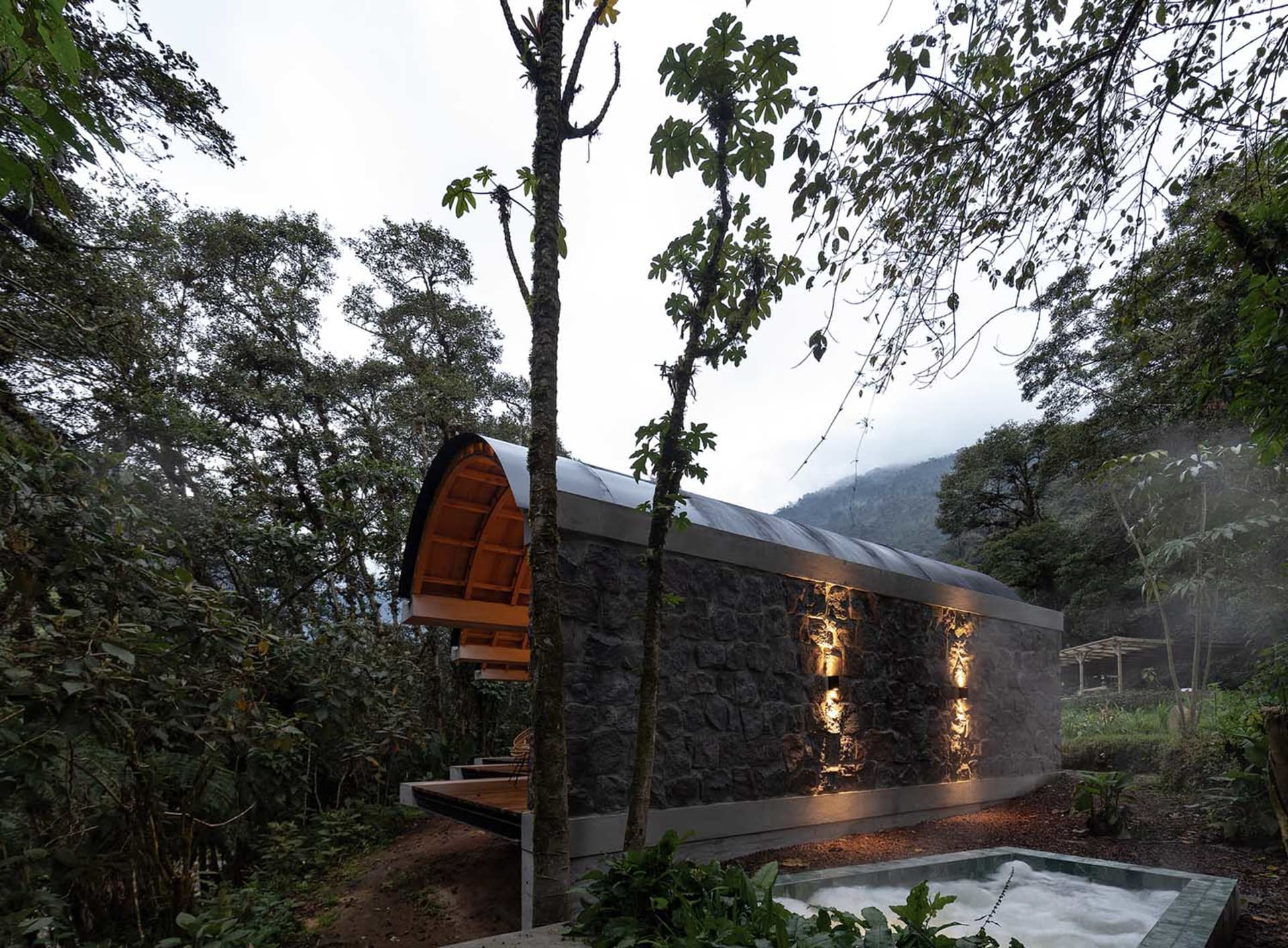 現代石材房屋夜景，前方有小泳池，旁有樹木。
