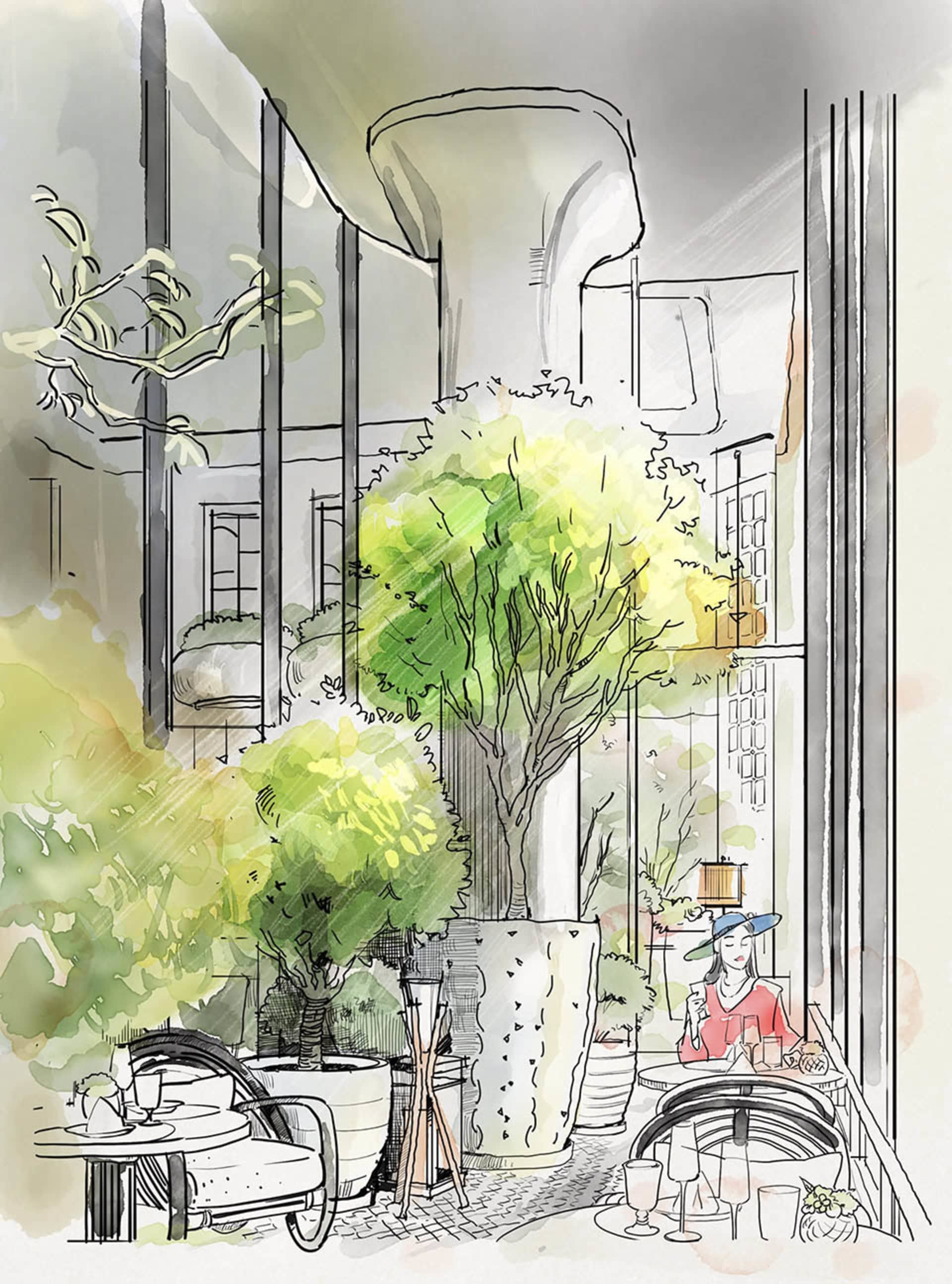 A detailed sketch of an elegant restaurant setting with tables, chairs, plants, and a woman sitting at one of the tables.
