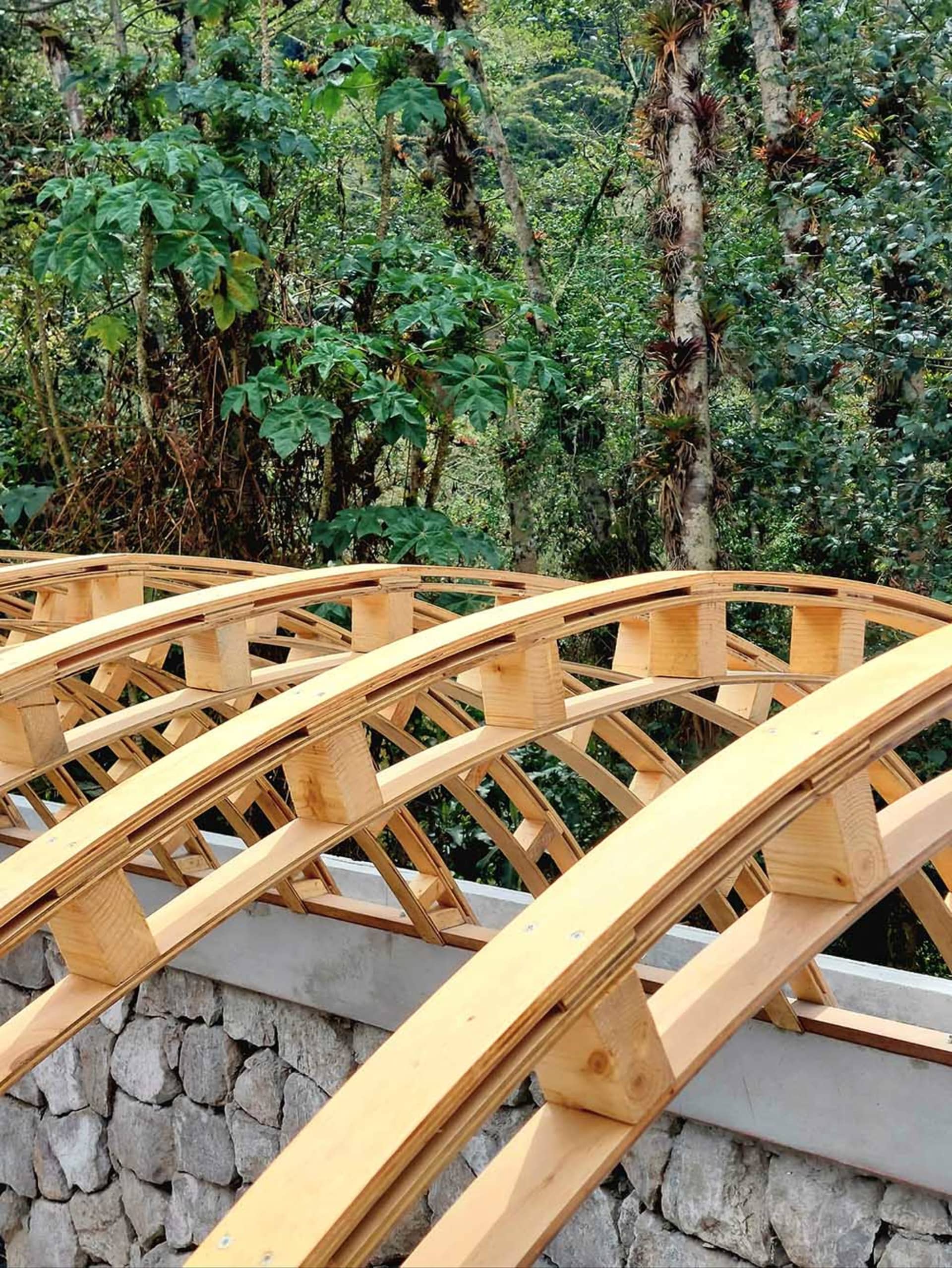 A wooden architectural structure composed of curved wooden beams and supported by a stone wall, surrounded by lush green foli