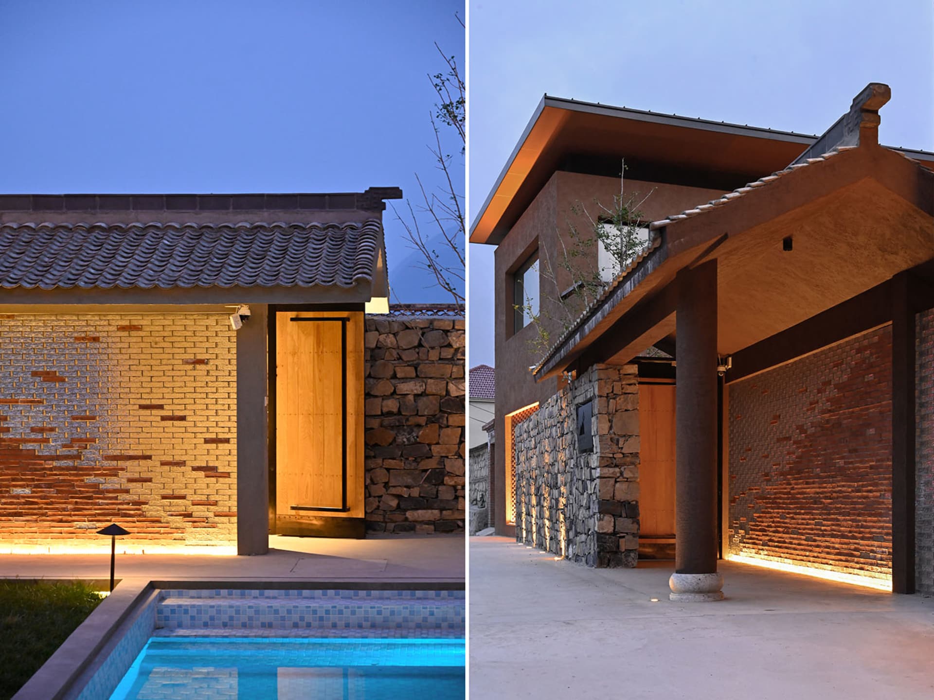 A modern entranceway featuring concrete, brick, and stone materials.