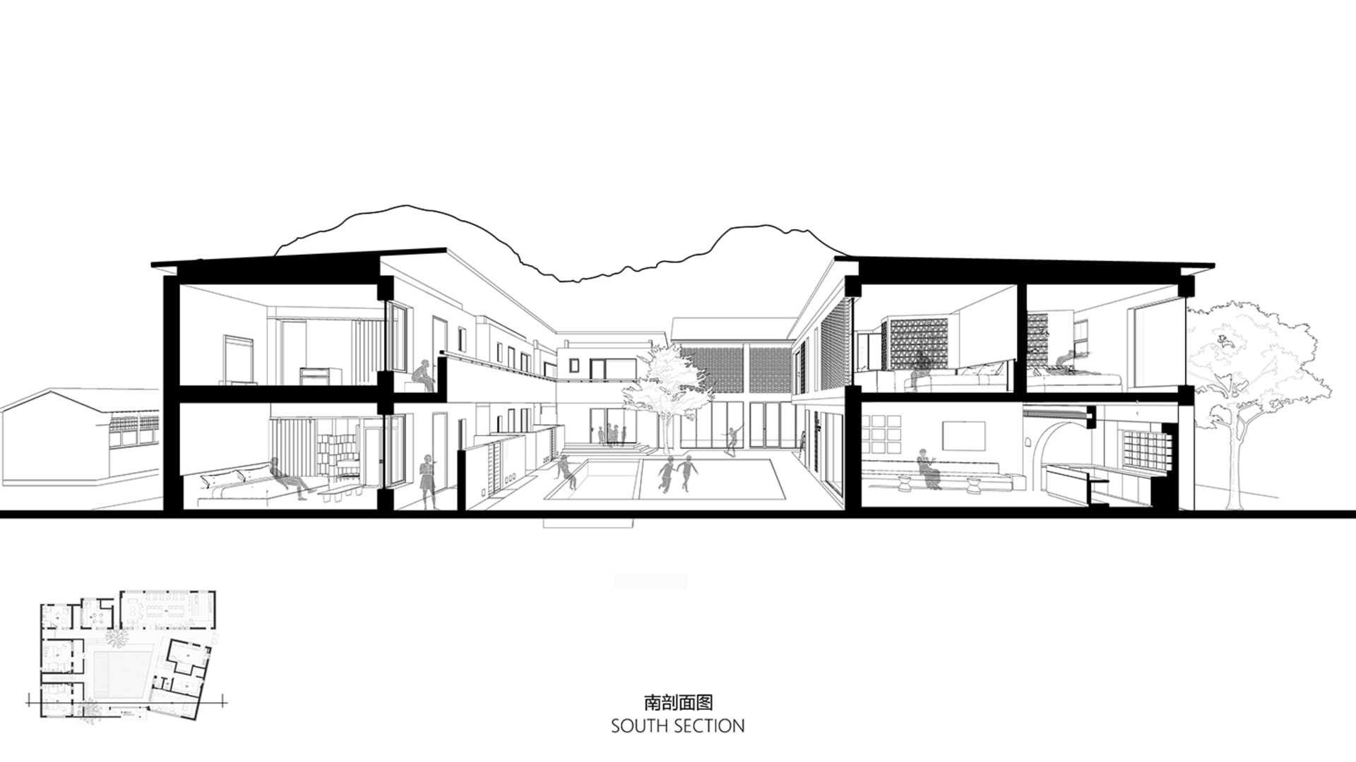 Cross-sectional diagram of a modern interior featuring wood and glass materials.