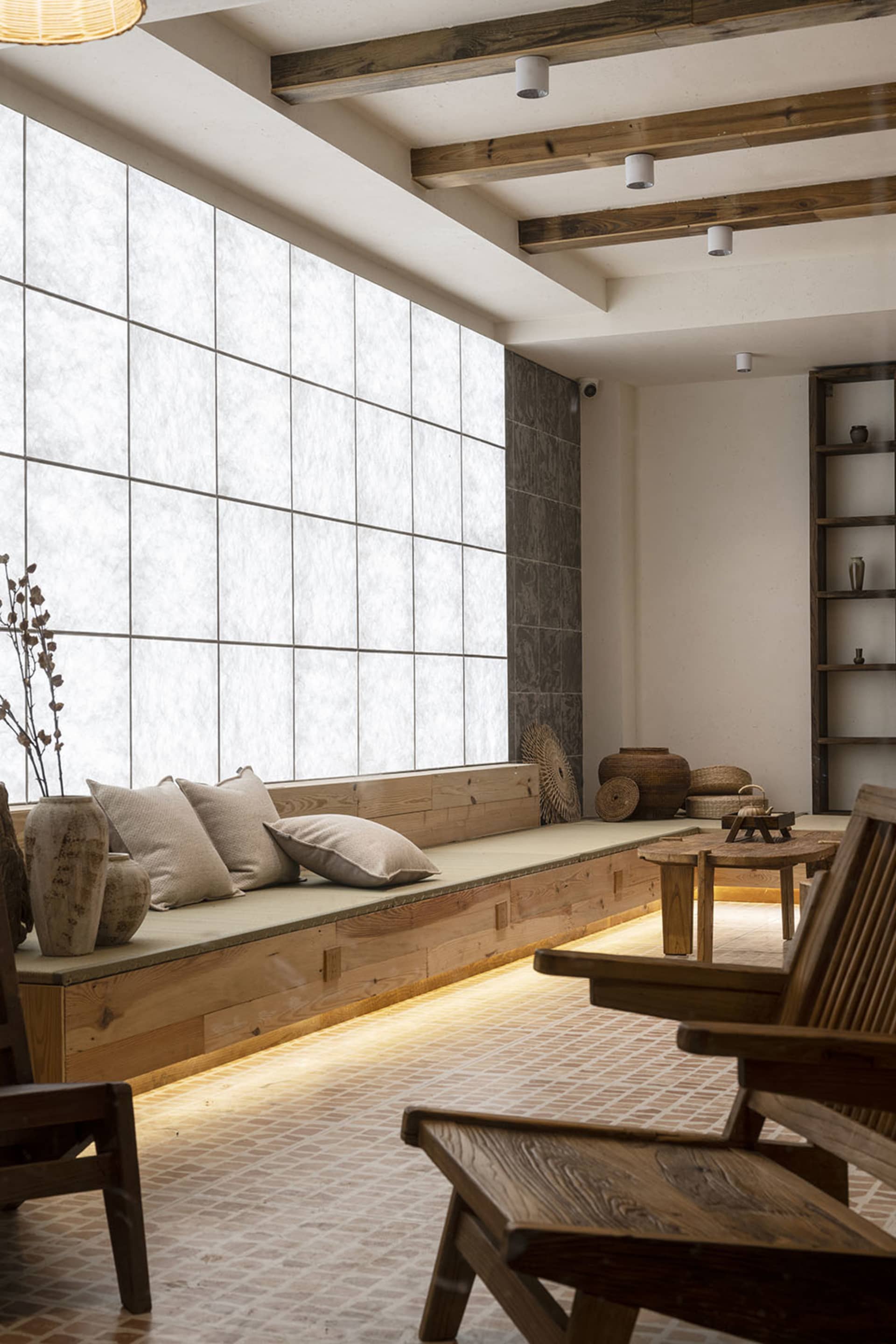 Interior design featuring industrial living room with wooden furniture and floor.