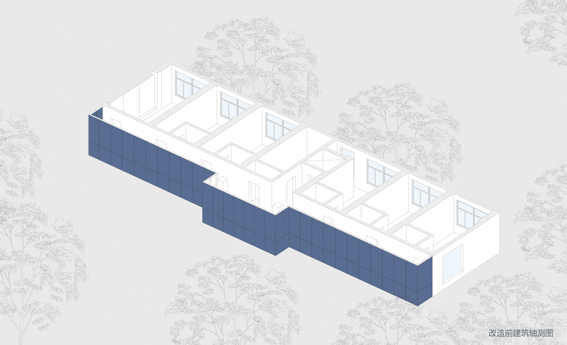 A modern building with blue-patterned exterior cladding shown in a technical architectural floor plan.