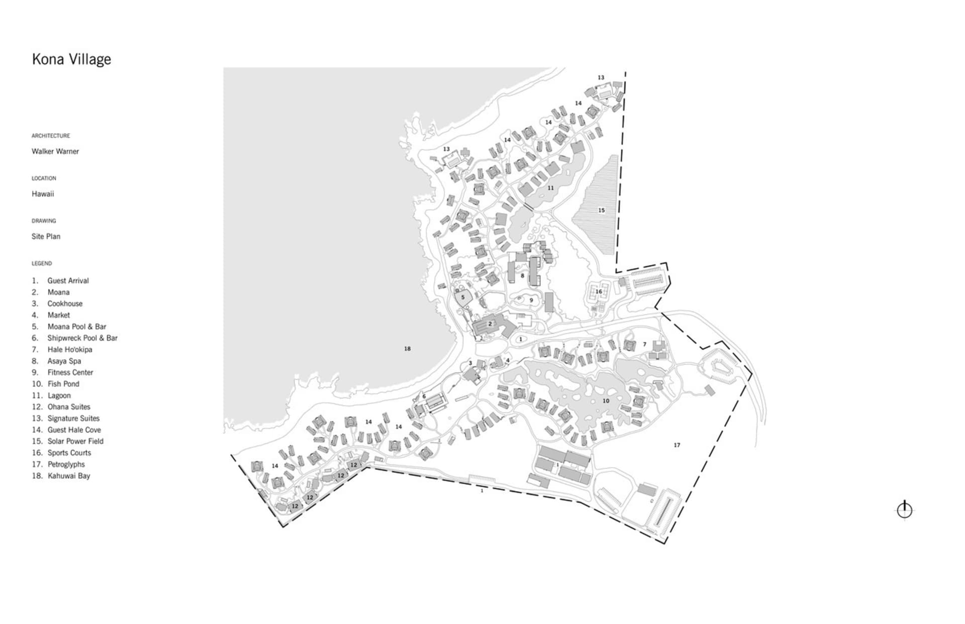科納村度假村總平面圖的黑白建築圖稿。