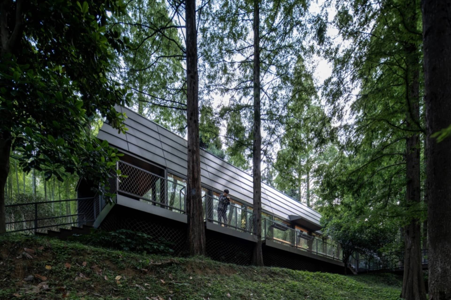A modern house with metal-clad panels on the exterior, situated on a hillside surrounded by trees.