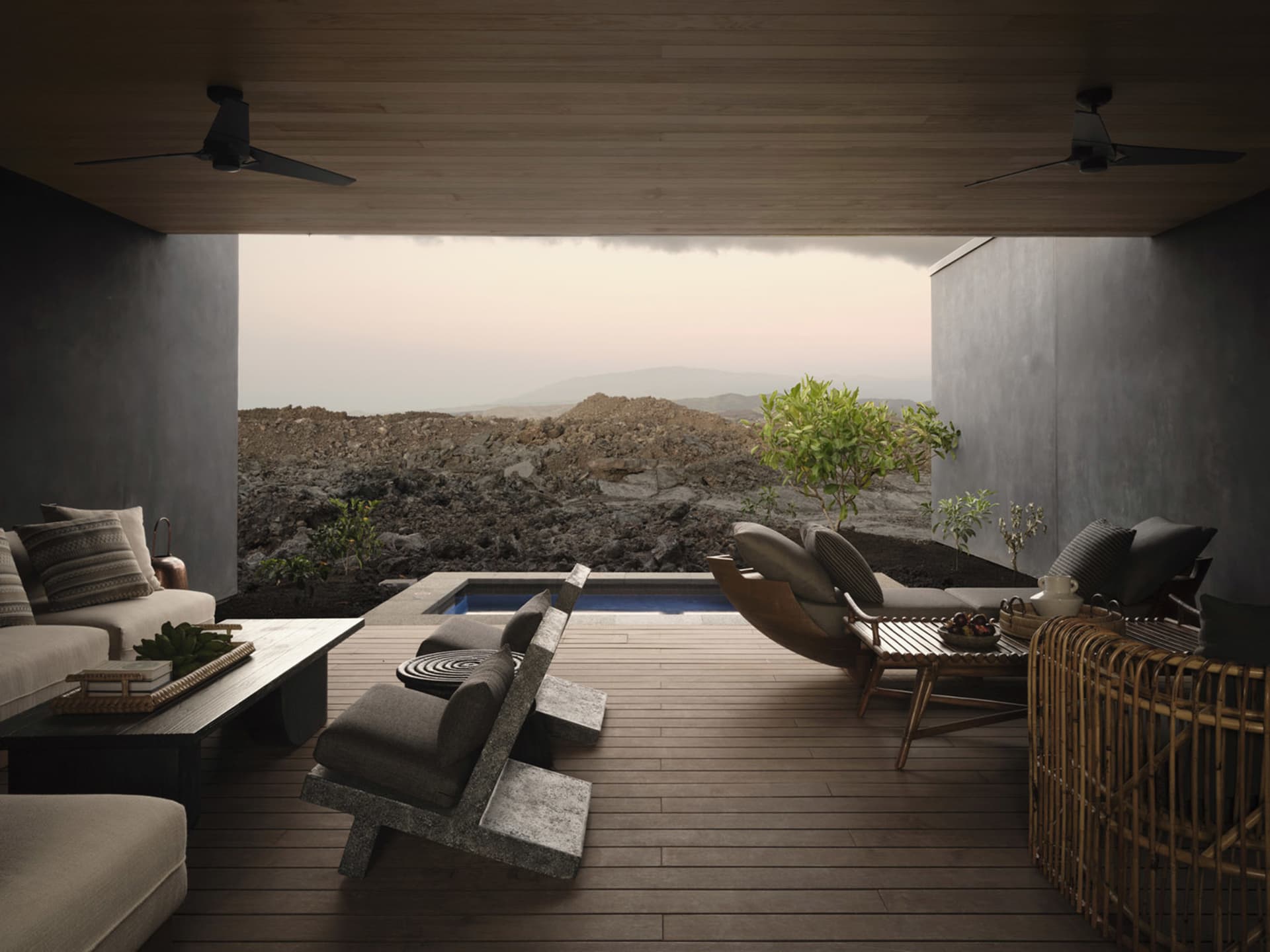 A minimalist residential patio featuring wood flooring and furniture, with a serene outdoor space and a small pool.