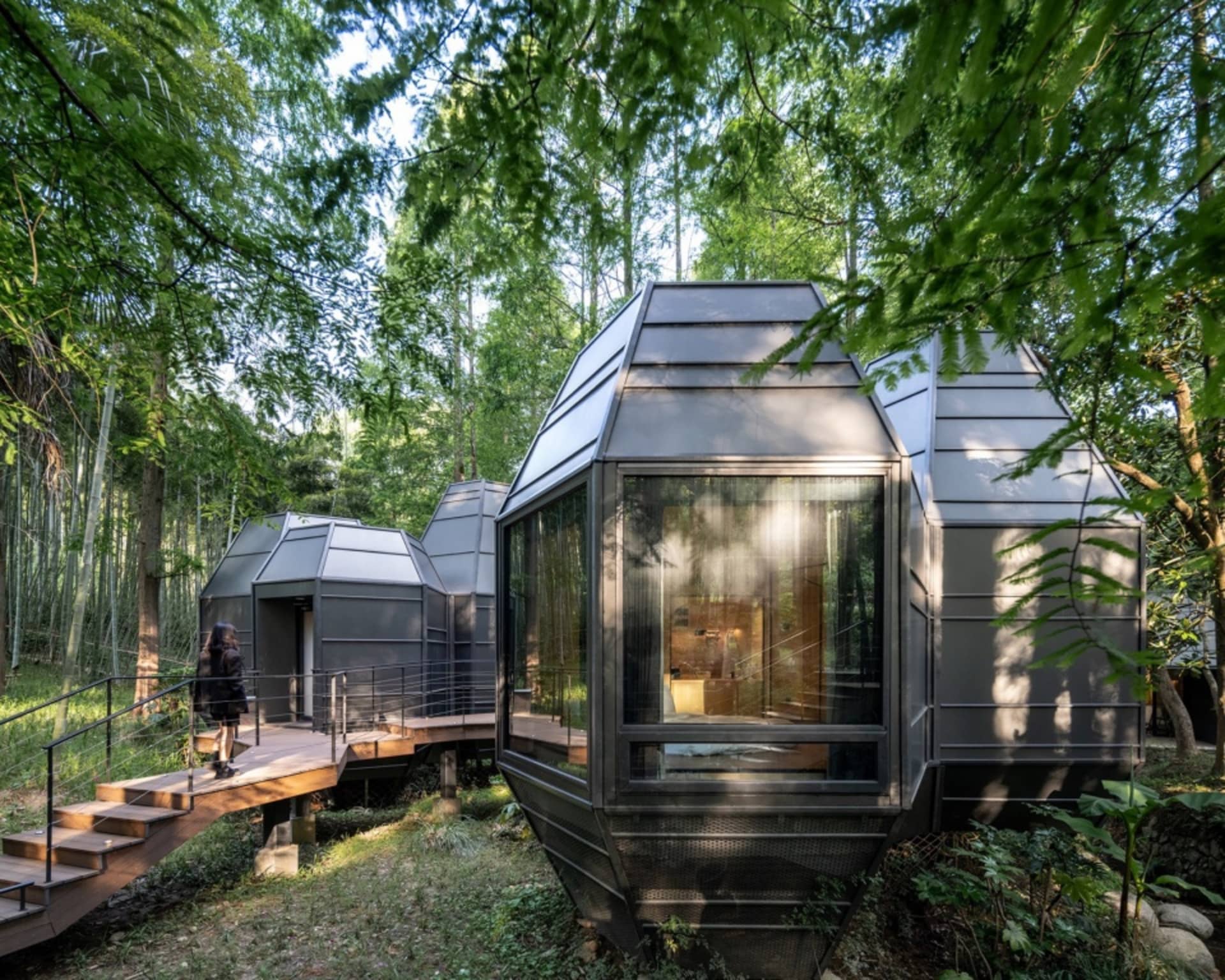 A modern minimalist metal house with a unique geometric design, surrounded by lush greenery in a forested area.