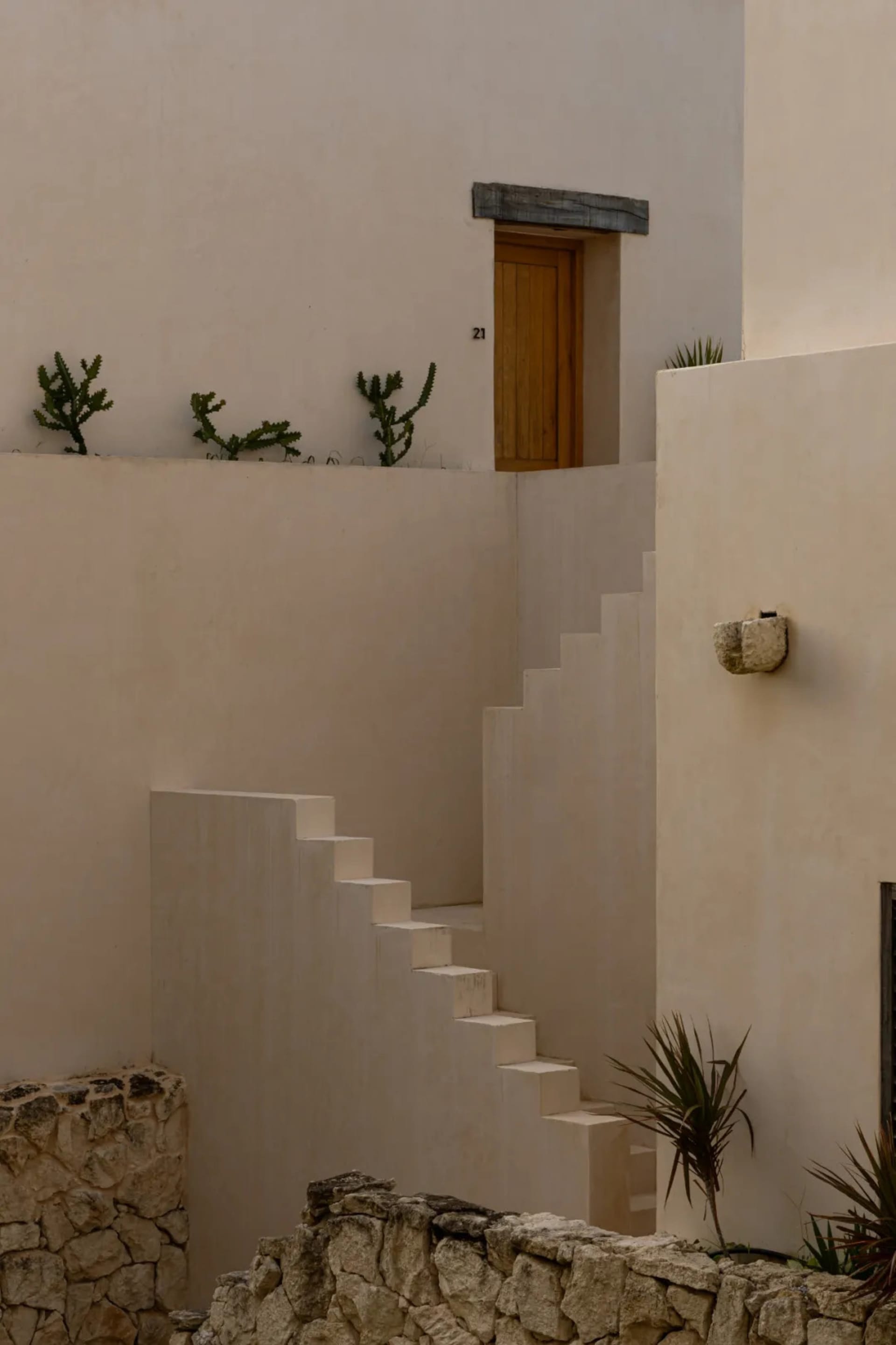 Concrete staircase leading to a wooden door in a minimalist architectural exterior.