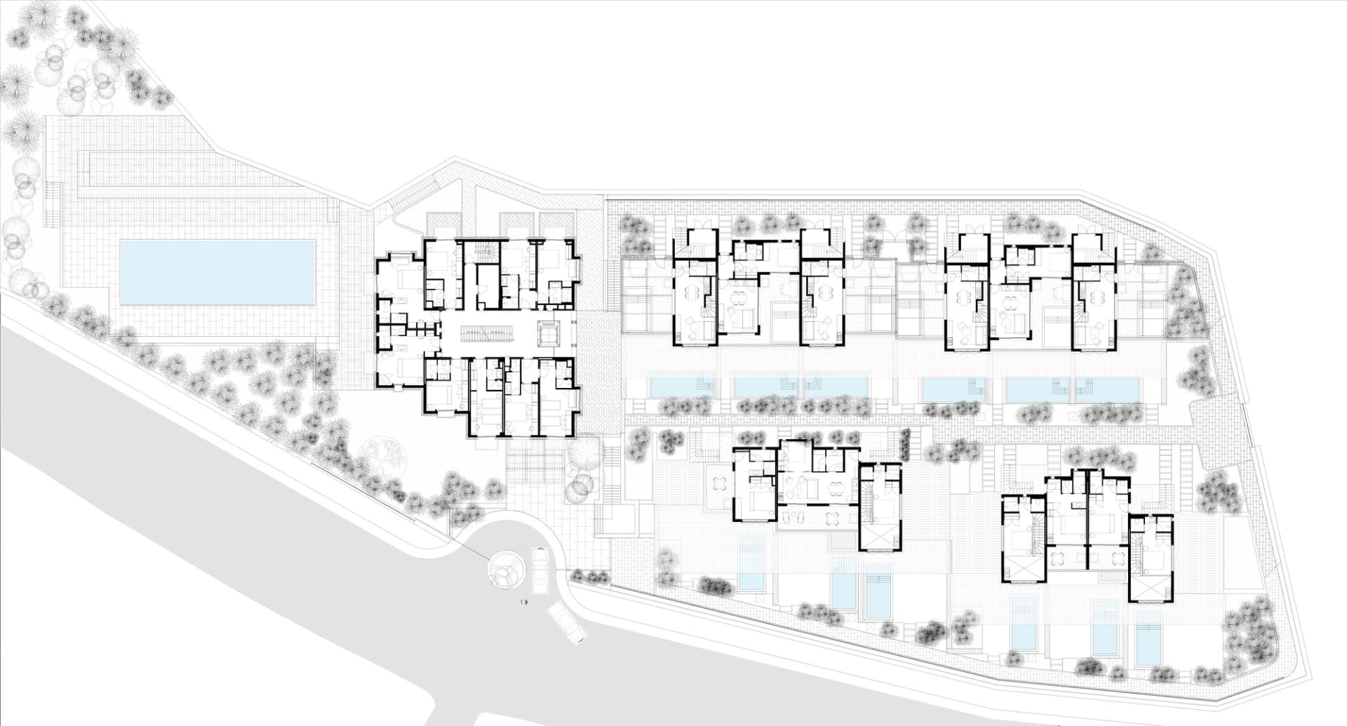 Floor plan of residential apartments with concrete, glass, and steel materials.