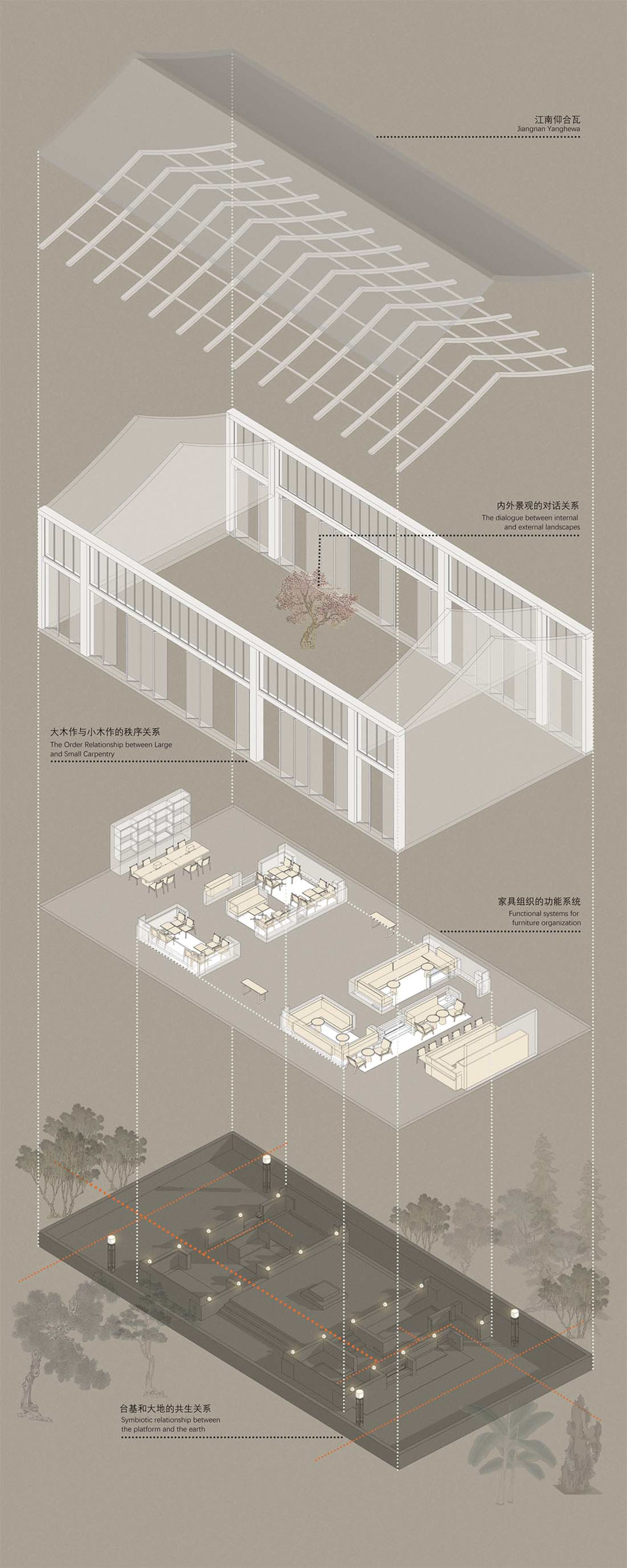 現代辦公室室內平面圖，展現木樑與結構元素。