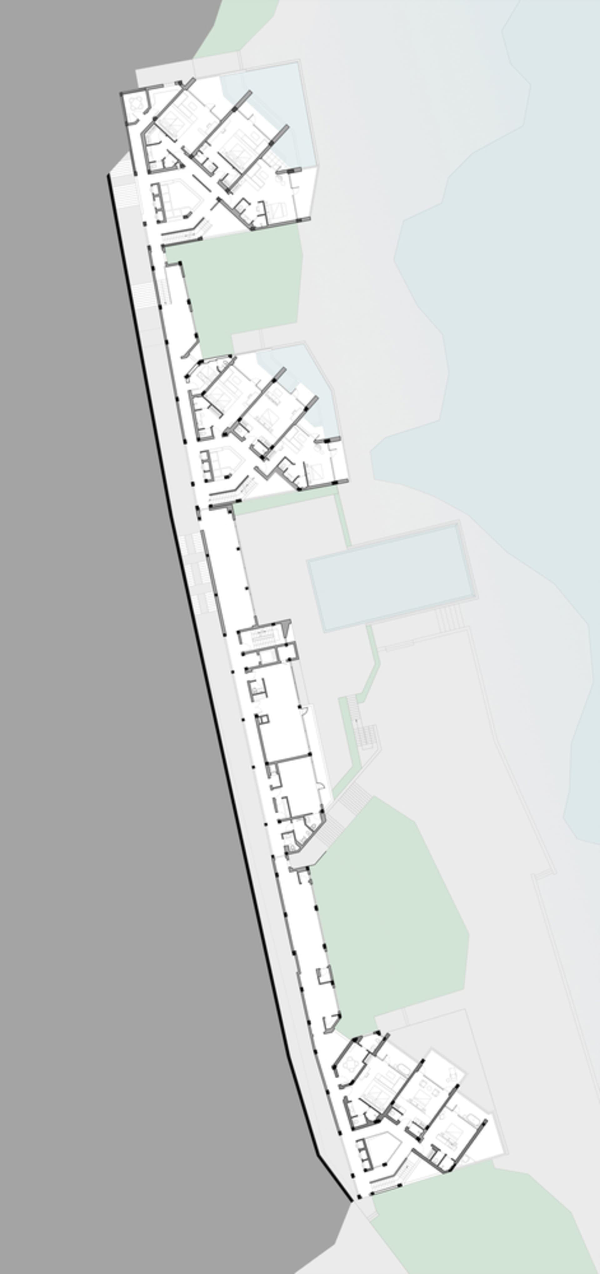 詳細的2D建築圖，呈現住宅平面配置，包含多個房間與戶外空間。