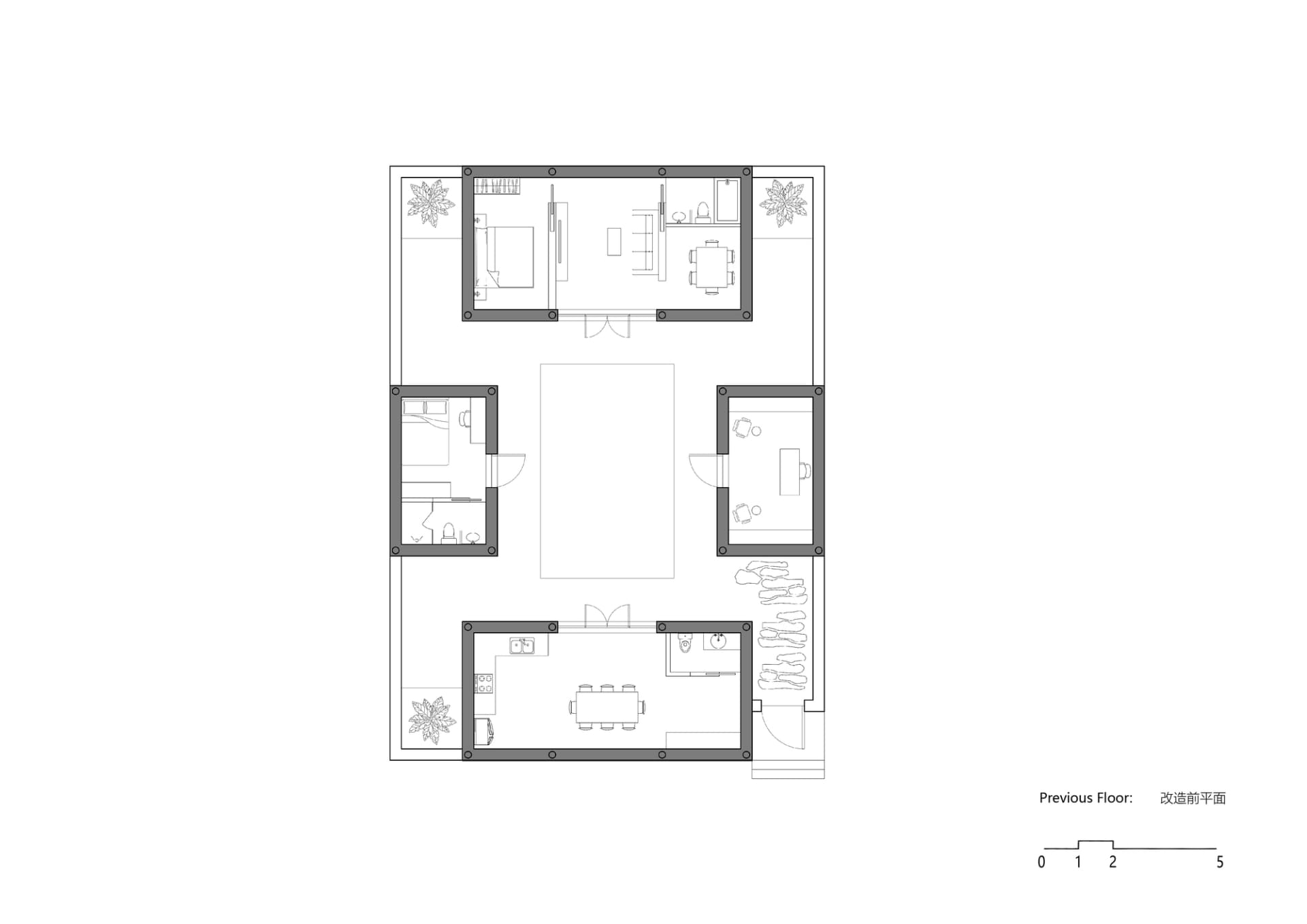 A detailed architectural drawing of a modern home layout, including rooms and spaces.