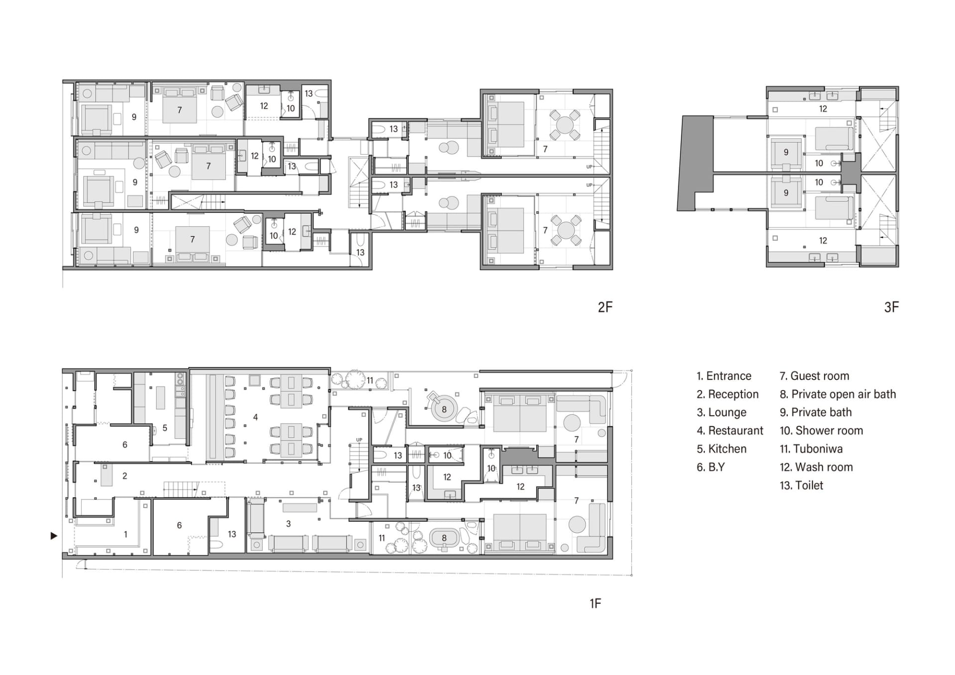 Commercial architectural blueprint showcasing various functional zones and structural features