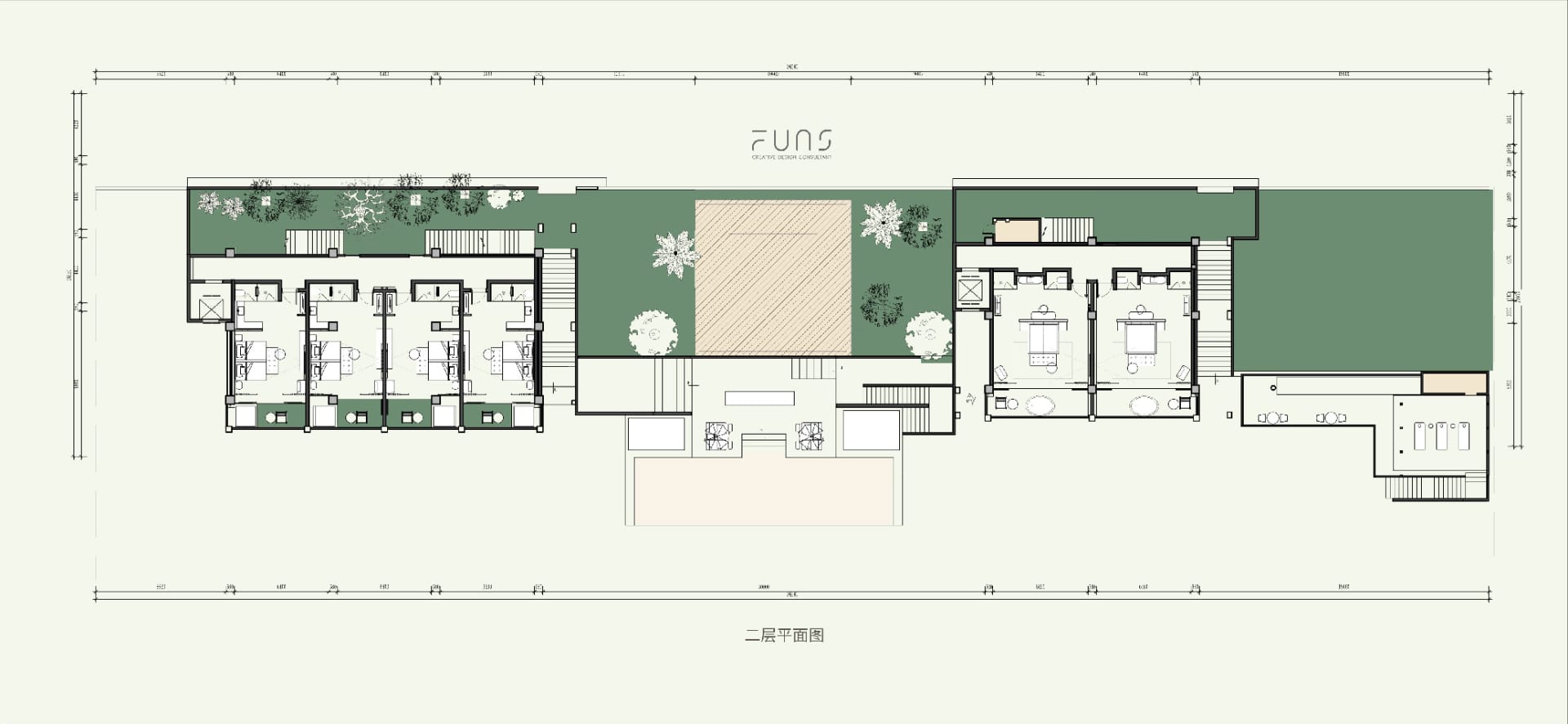 Floor plan of a modern office space with open-plan workstations and conference rooms.