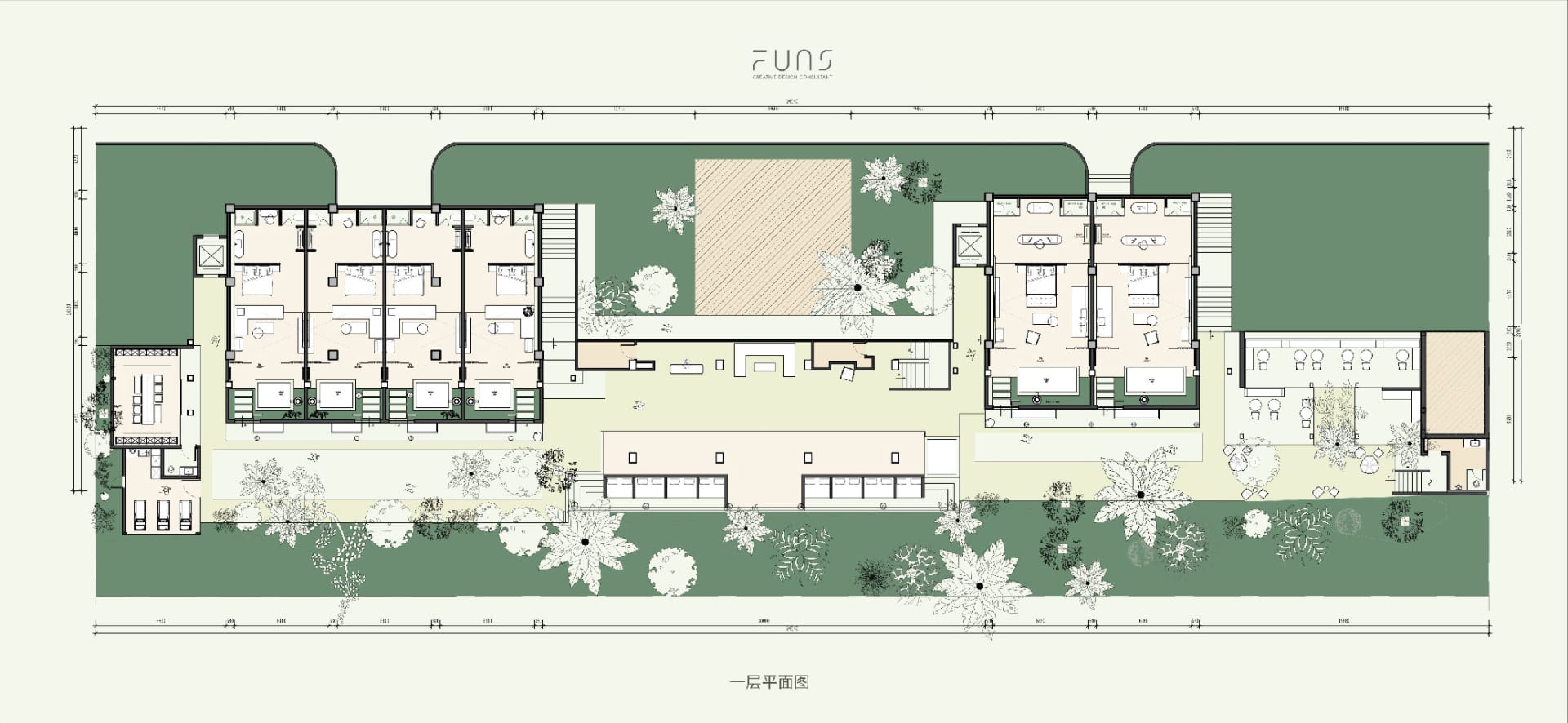 一張現代住宅平面圖,展示以木質、玻璃與金屬飾面打造的當代空間。