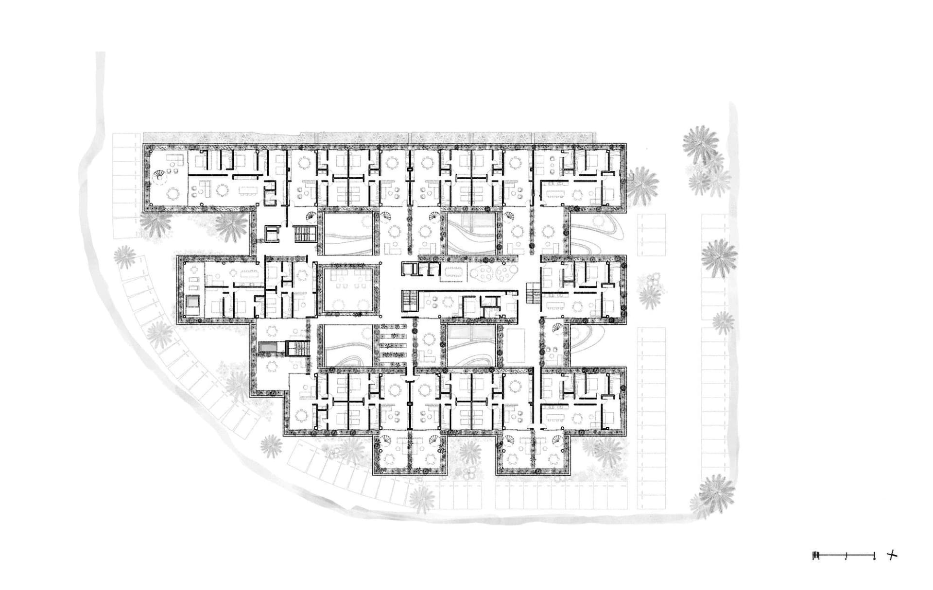 A 2D architectural drawing depicting a floor plan of a multi-unit residential building.