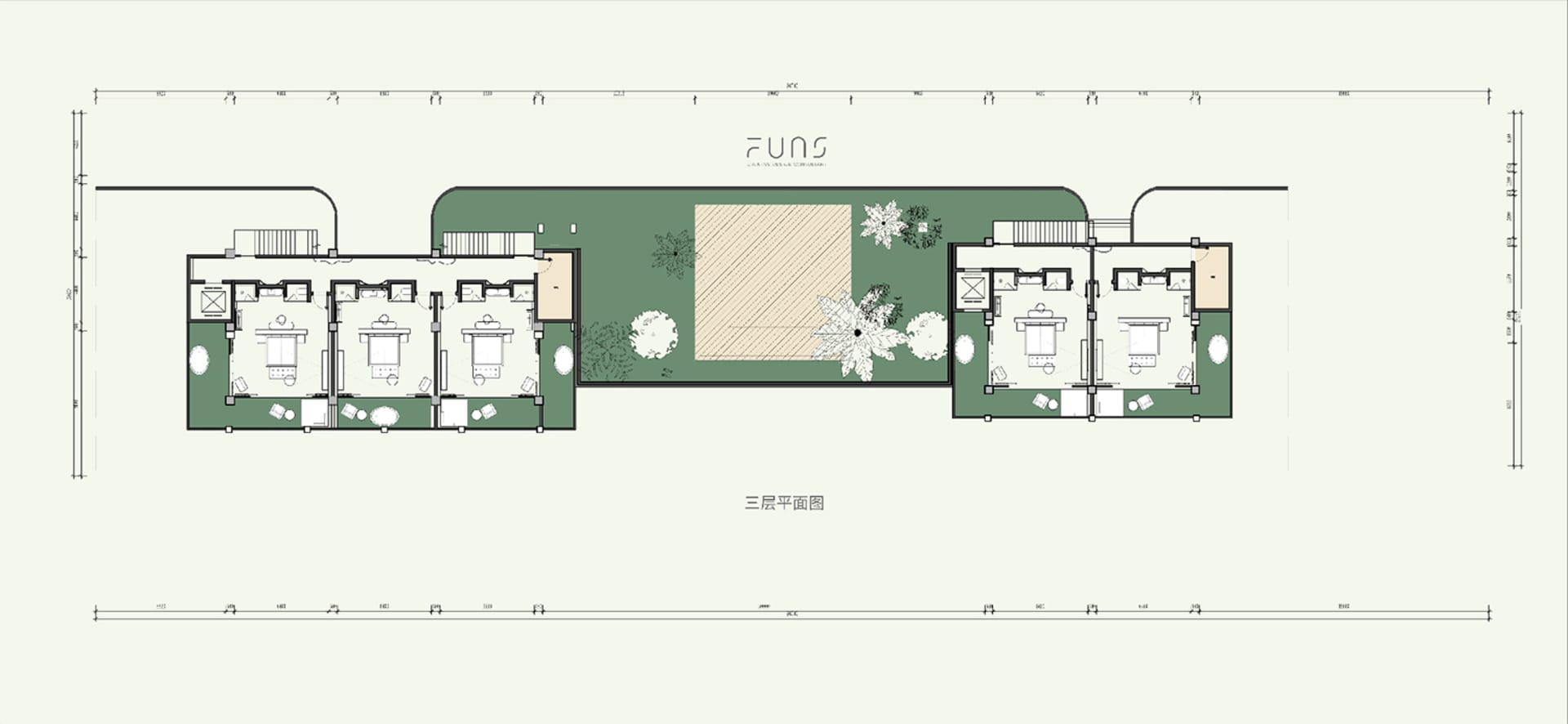 A detailed architectural drawing depicting a three-story residential building with a central courtyard and various rooms and