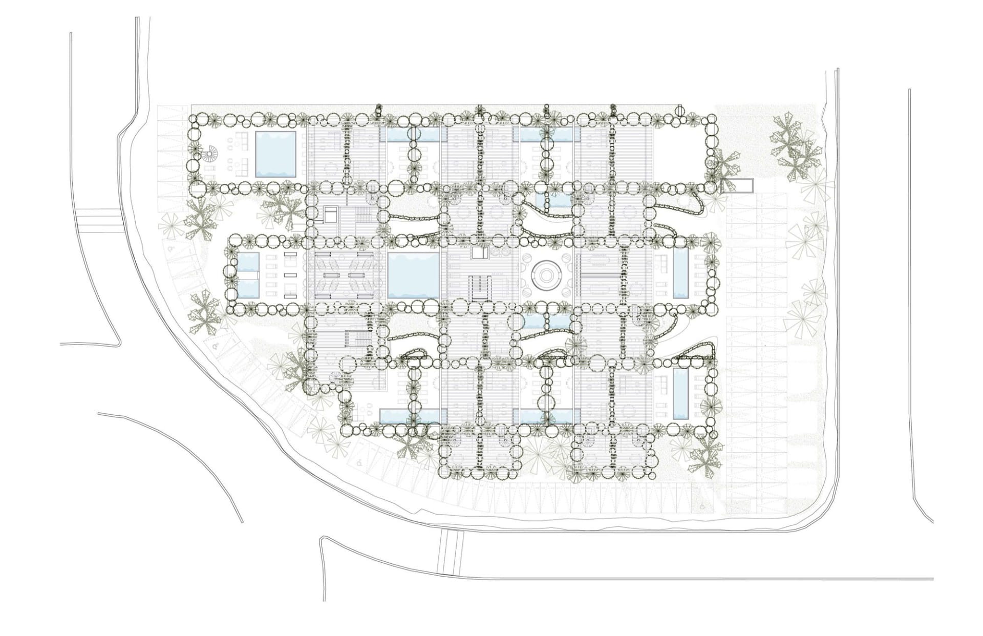 An urban design layout featuring mixed media materials with various buildings and pathways.
