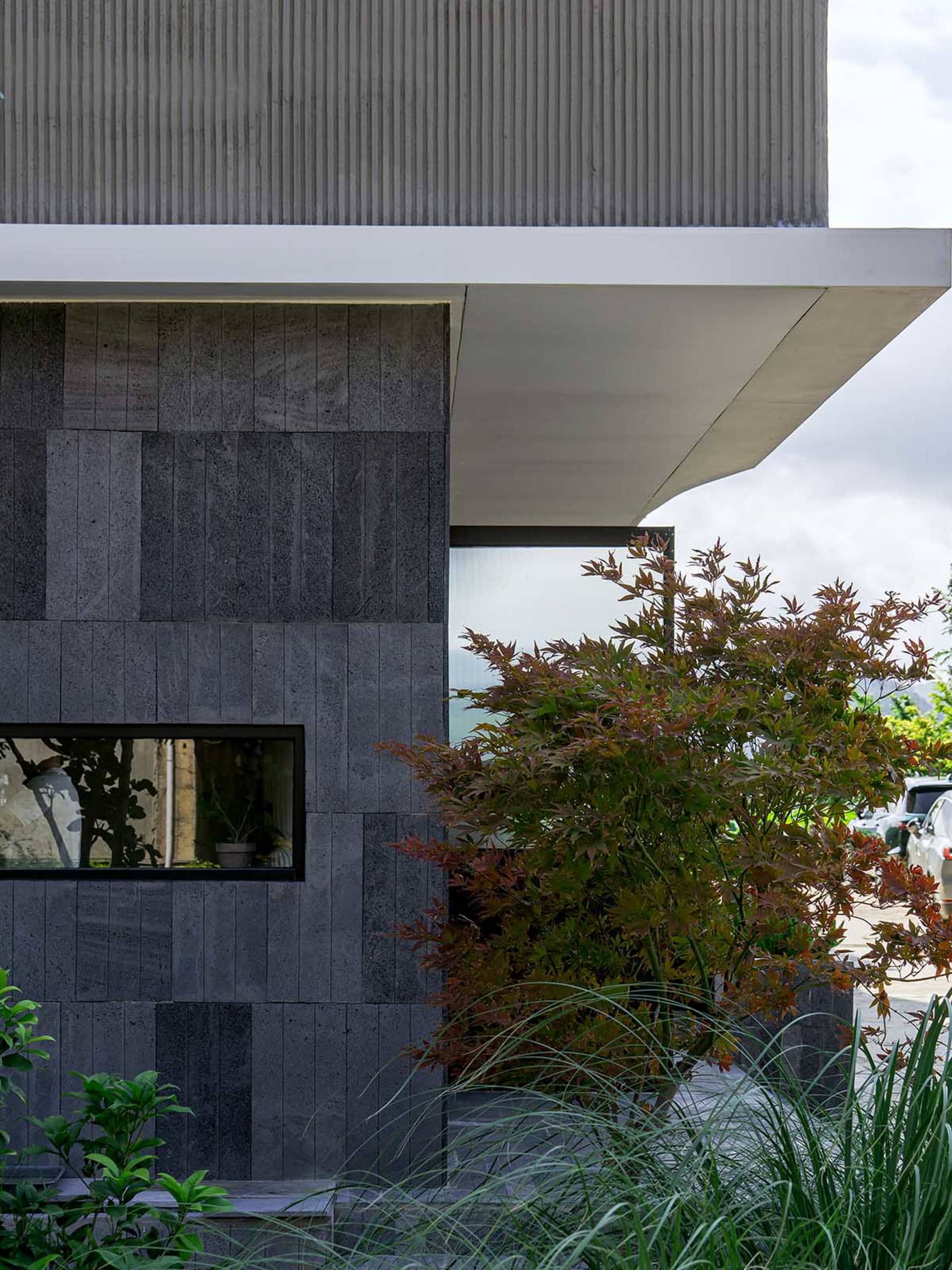 Modern house exterior featuring dark concrete cladding and overhanging roof