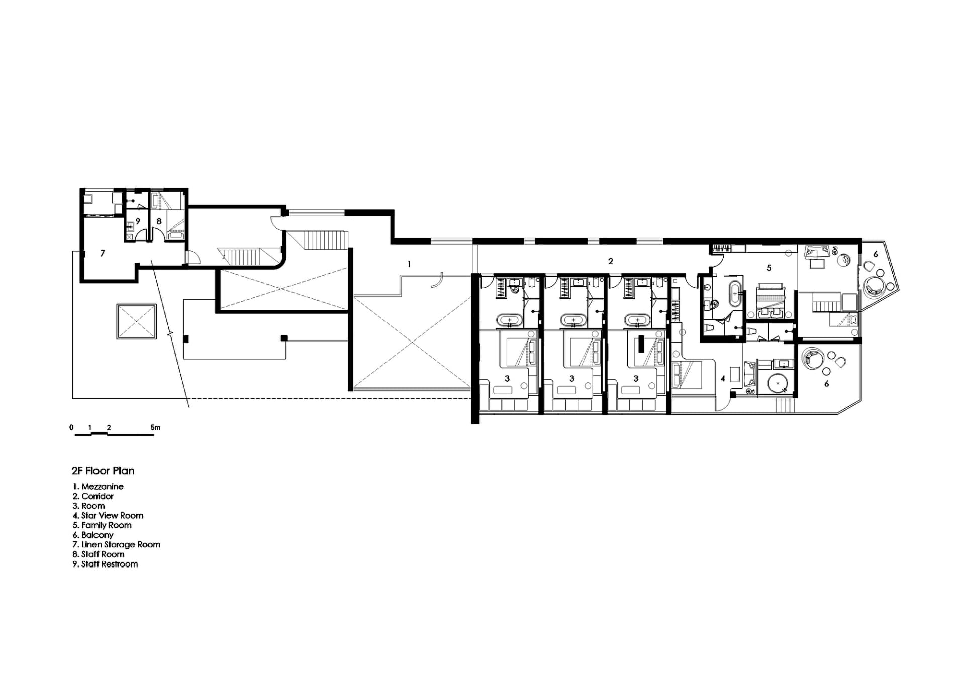 2nd floor architectural plan of a hotel suite with multiple rooms and amenities.