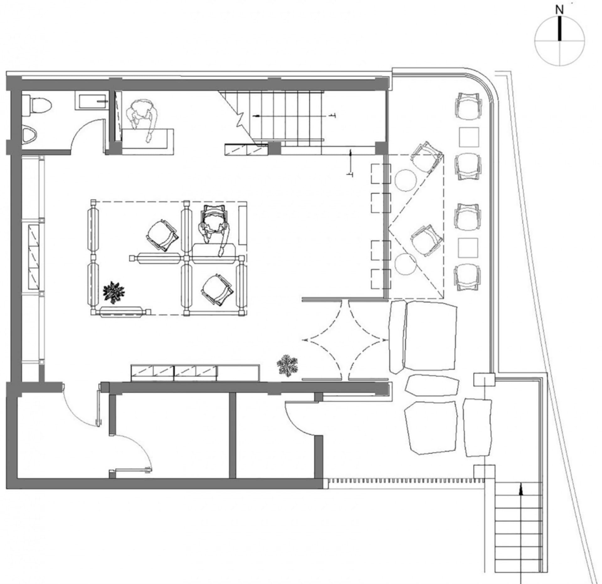 現代客廳空間的 2D 建築平面圖,包含客廳、餐廳與廚房的配置。