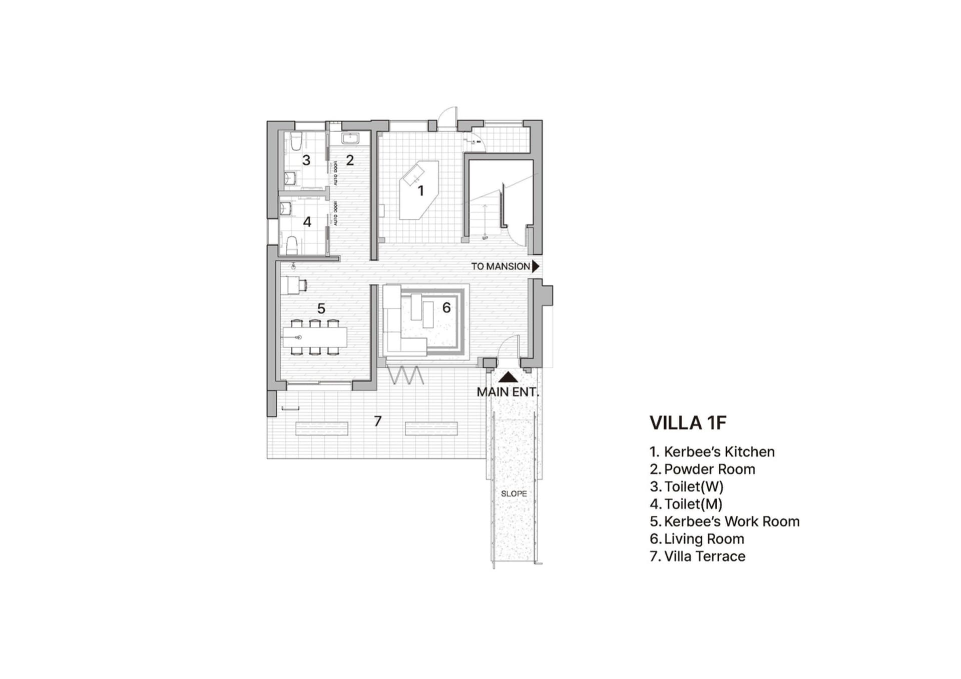 Floor plan of Villa 1F showing Kerbee's Kitchen, Powder Room, Toilets (W and M), Kerbee's Work Room, Living Room, and Villa T