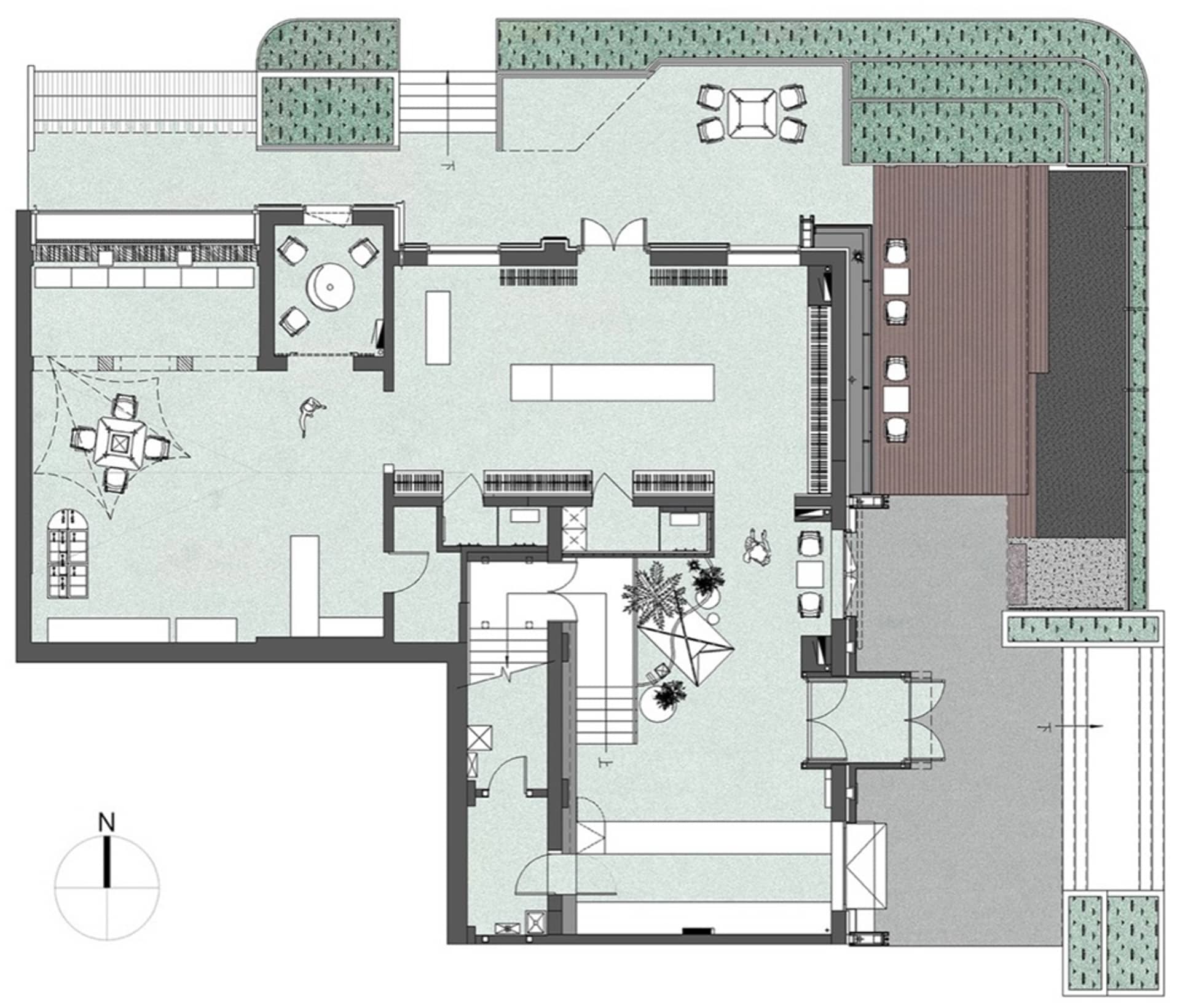 Modern house with a concrete floor plan, including living areas, dining room, kitchen, and bedrooms.