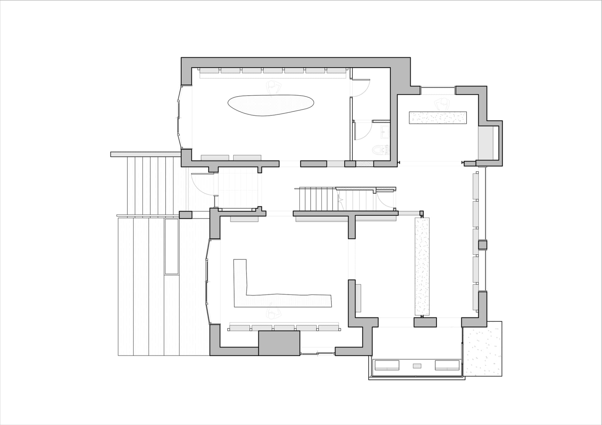 一張現代住宅建築平面圖，展示房間、牆面與窗戶的配置。