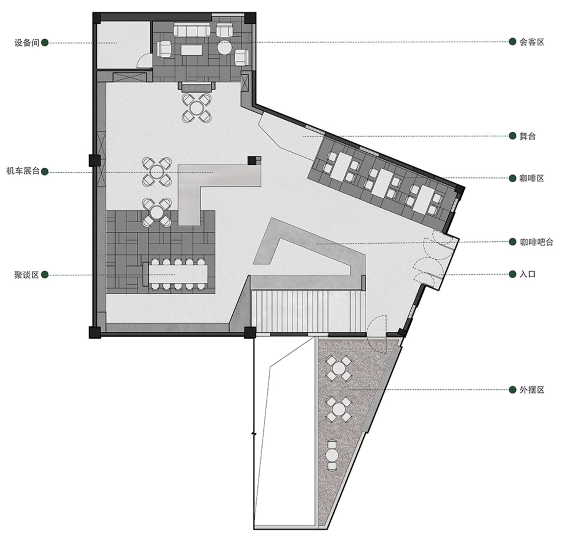 Floor plan of an industrial commercial space featuring industrial materials and industrial design elements.