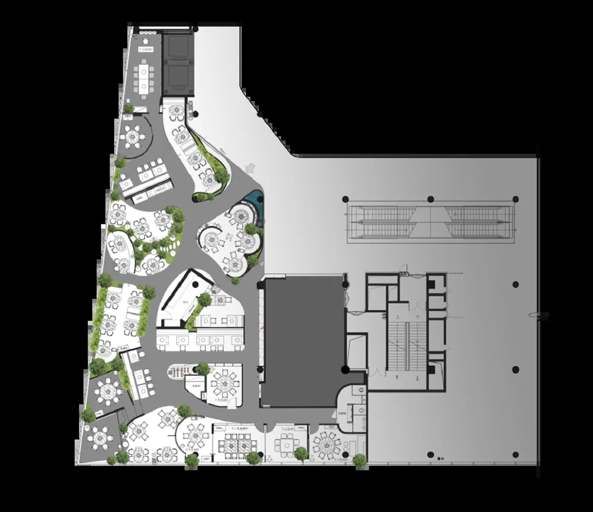 現代餐廳的詳細建築平面圖，採用混凝土與玻璃材質。