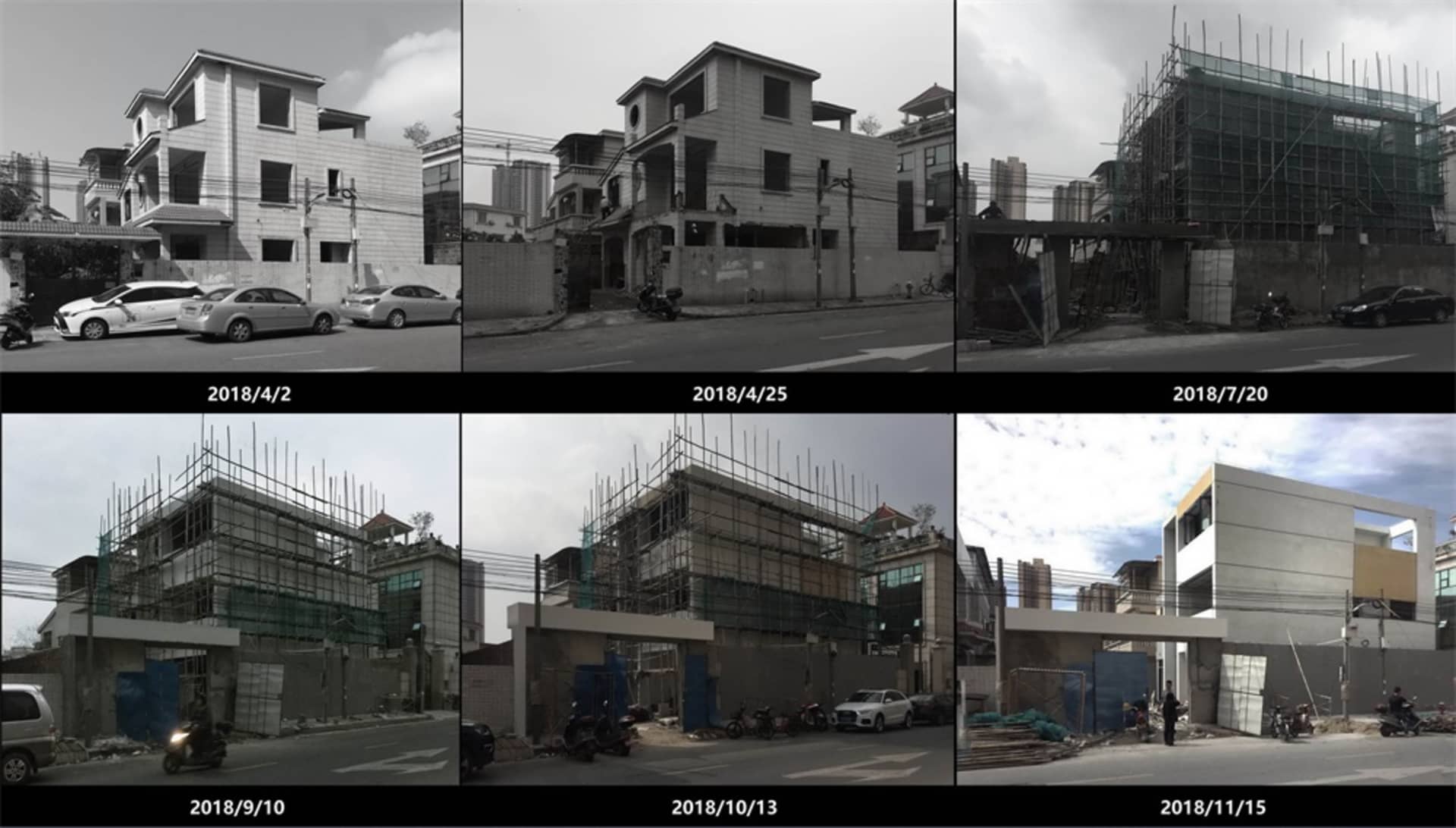 Construction site showing building progression stages from April 2nd to November 15th, 2018.