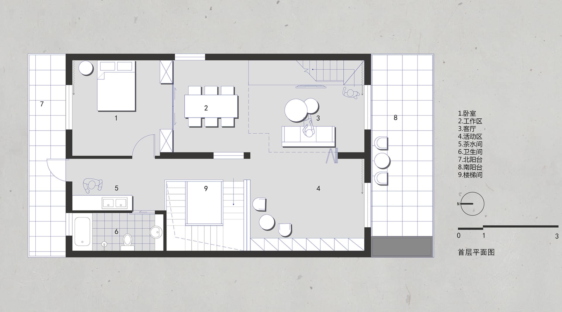 A 2D architectural drawing of a modern residential floor plan featuring a living room, kitchen, and bedrooms.