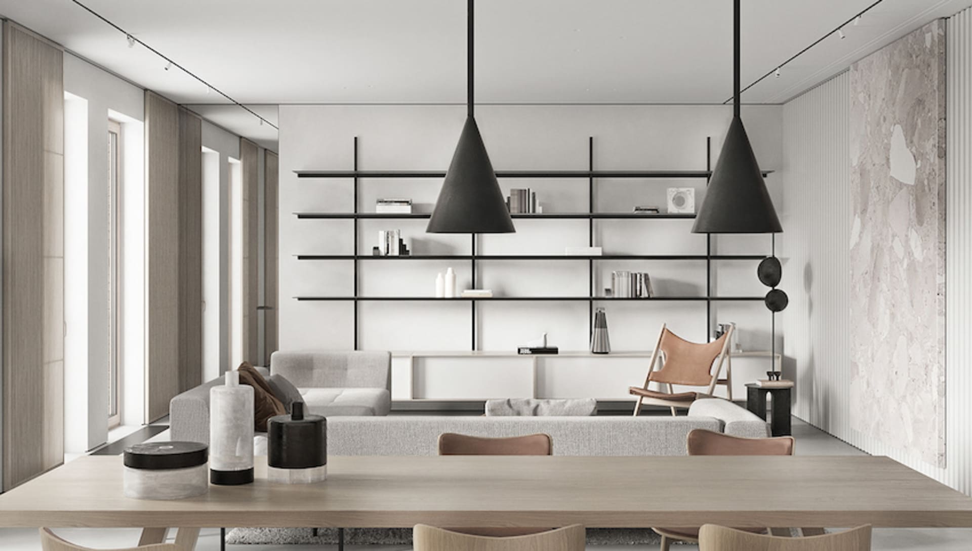 Modern minimalist living room with marble accents and wooden furniture.