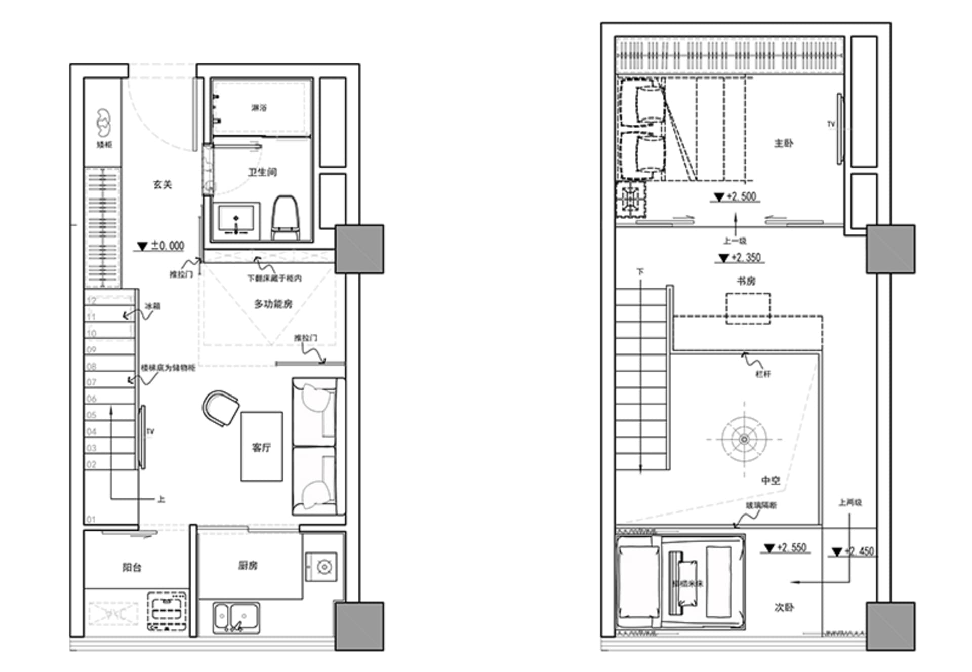 A detailed architectural floor plan of a modern interior design showcasing a kitchen, living room, and bathroom.