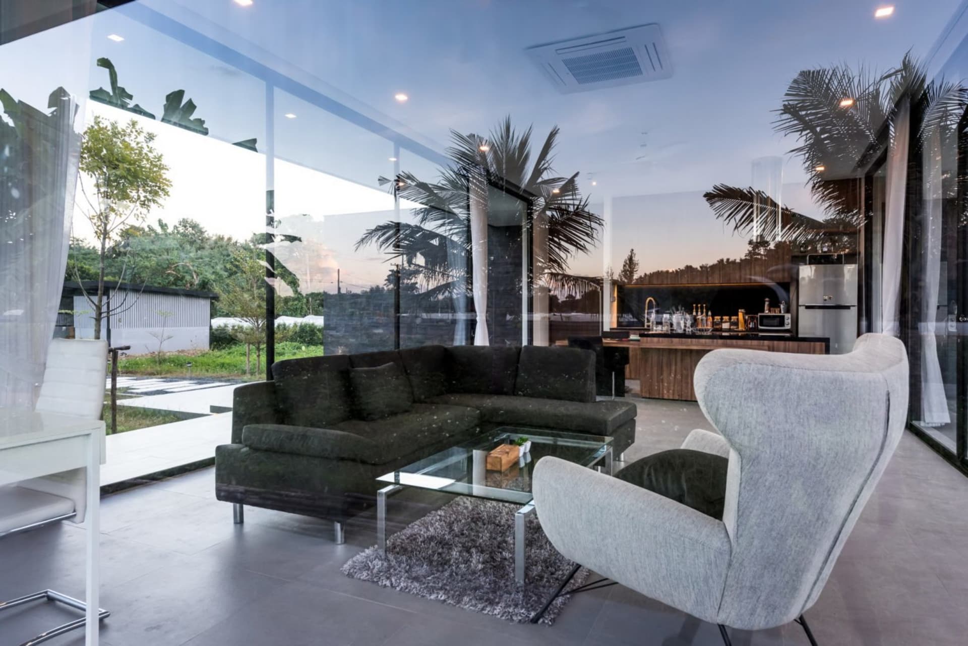 A modern living room featuring a glass couch and tropical plants.