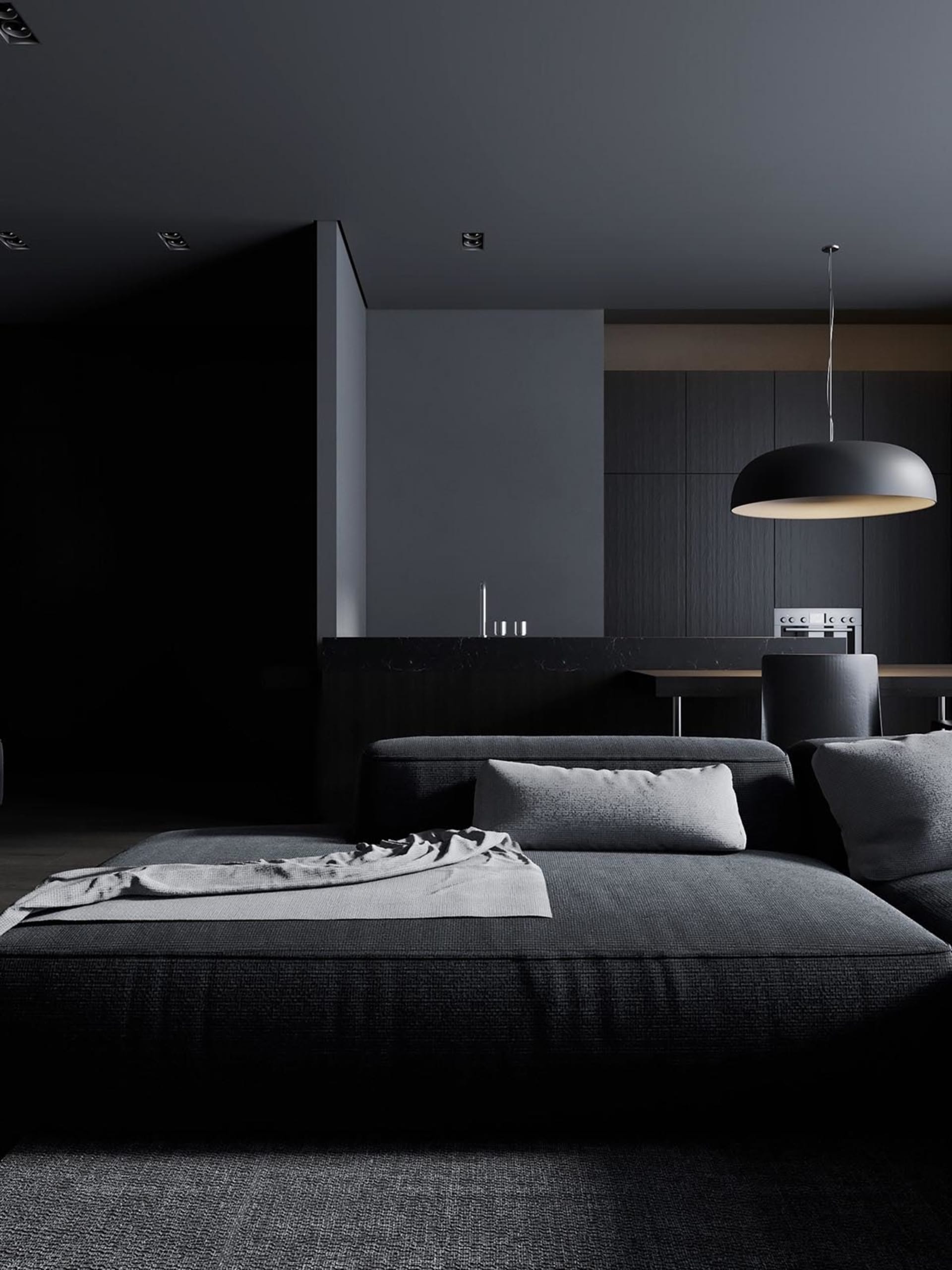 Modern living room with dark furniture, minimalist design, and sleek lighting.