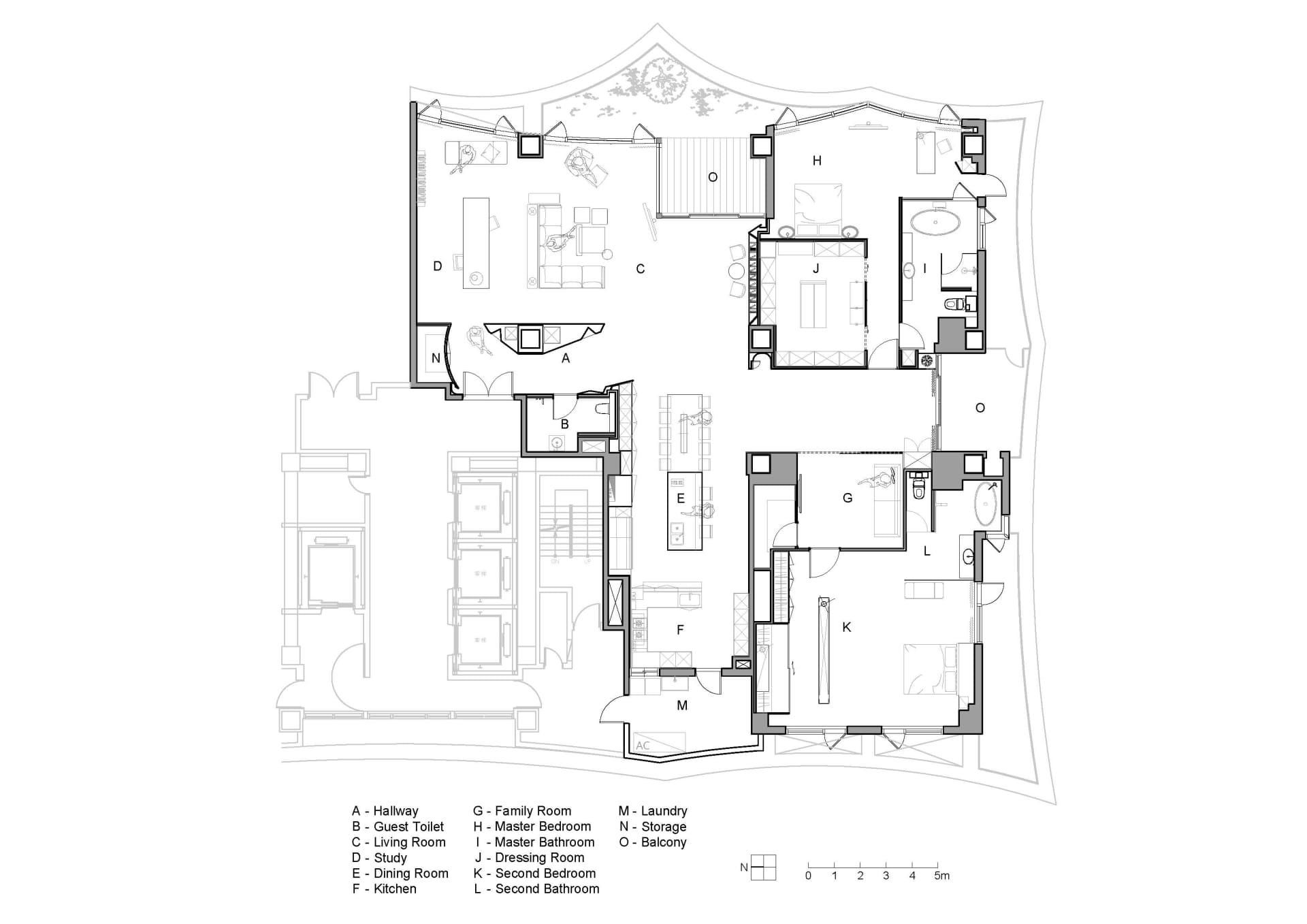 一張現代住宅的建築平面圖,展示客廳空間、臥室、衛浴及儲藏區域。