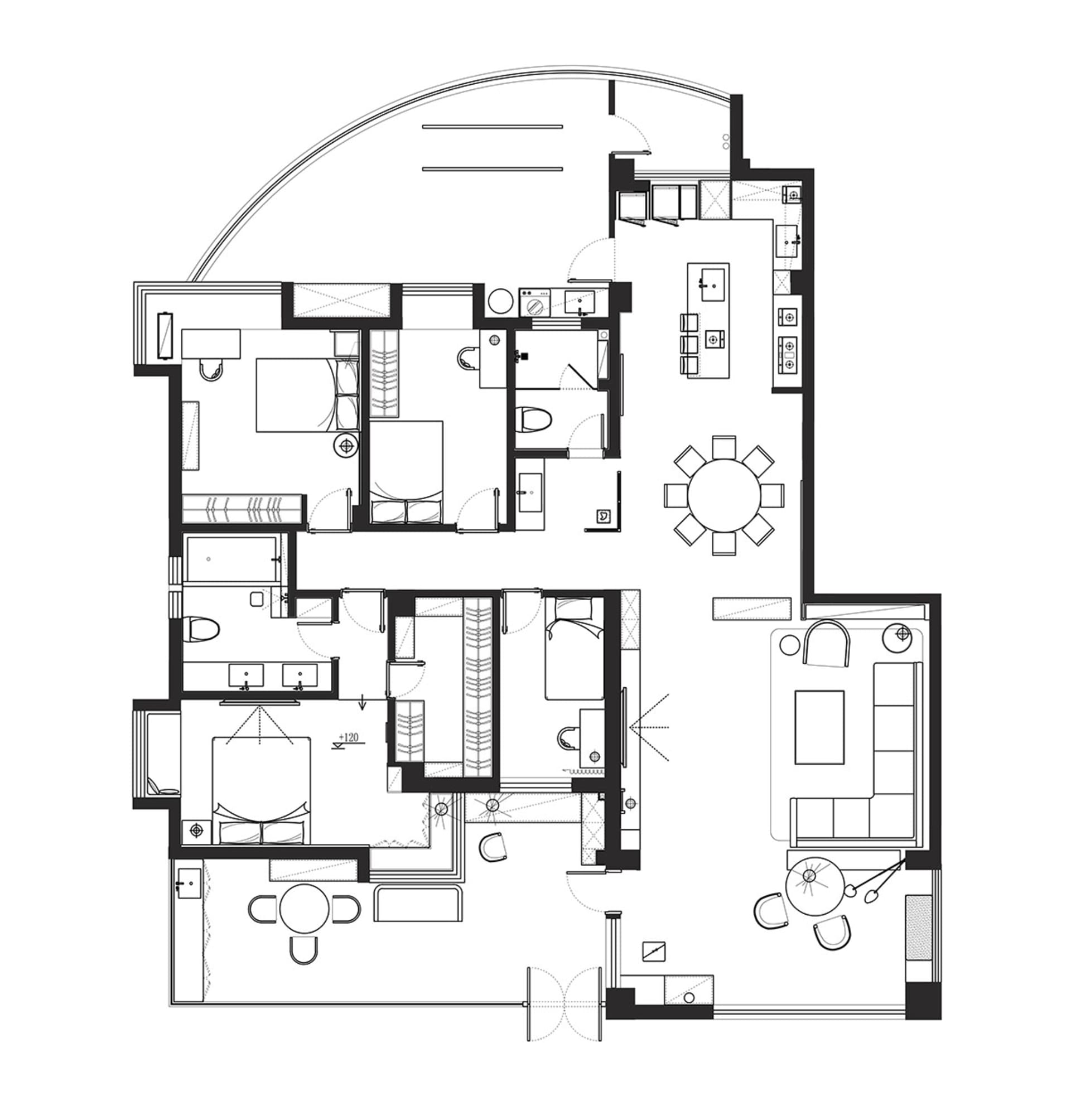 Modern apartment layout with open living space, kitchen, bedrooms, and bathrooms.