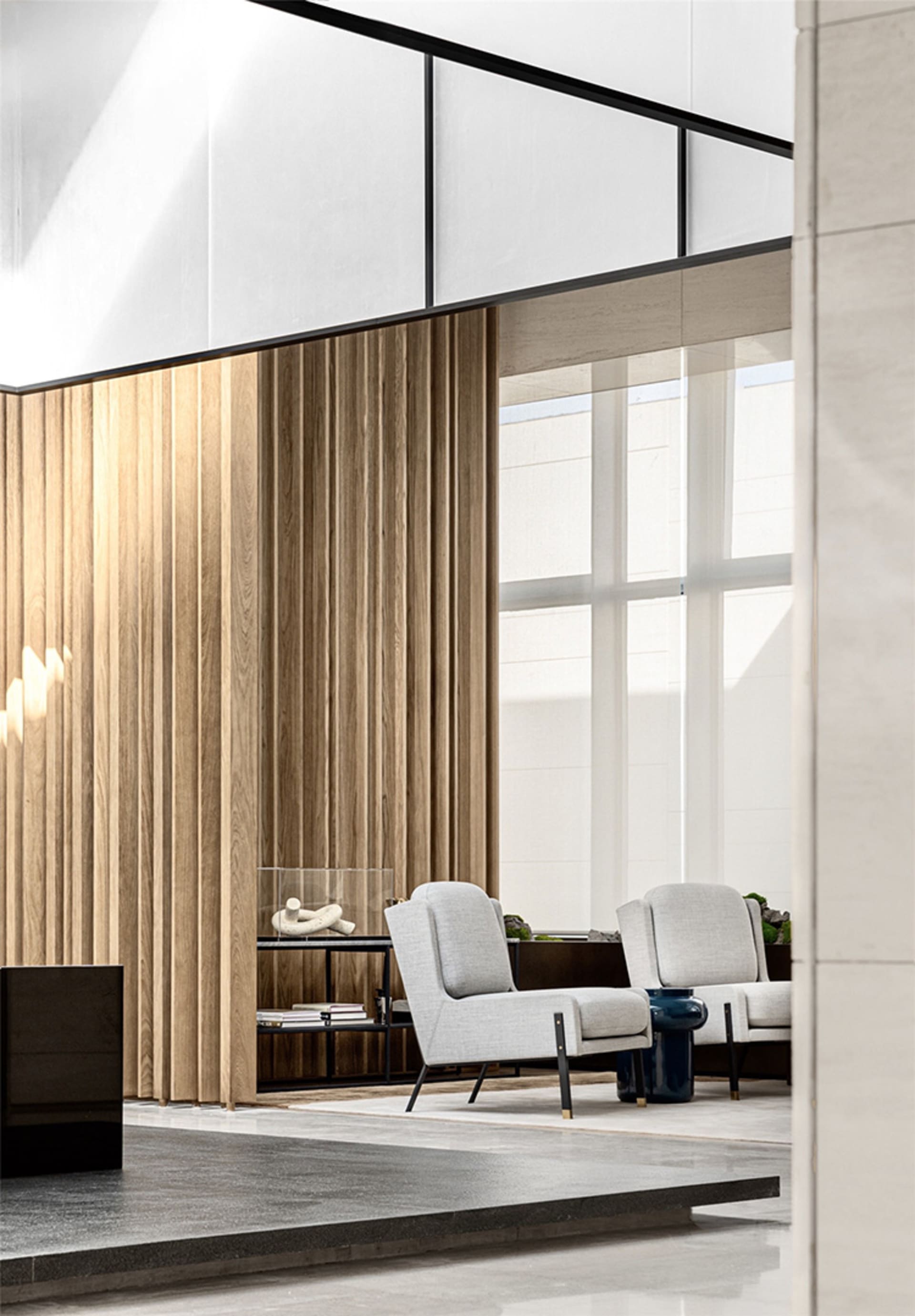 Modern living room featuring wooden panels and glass elements