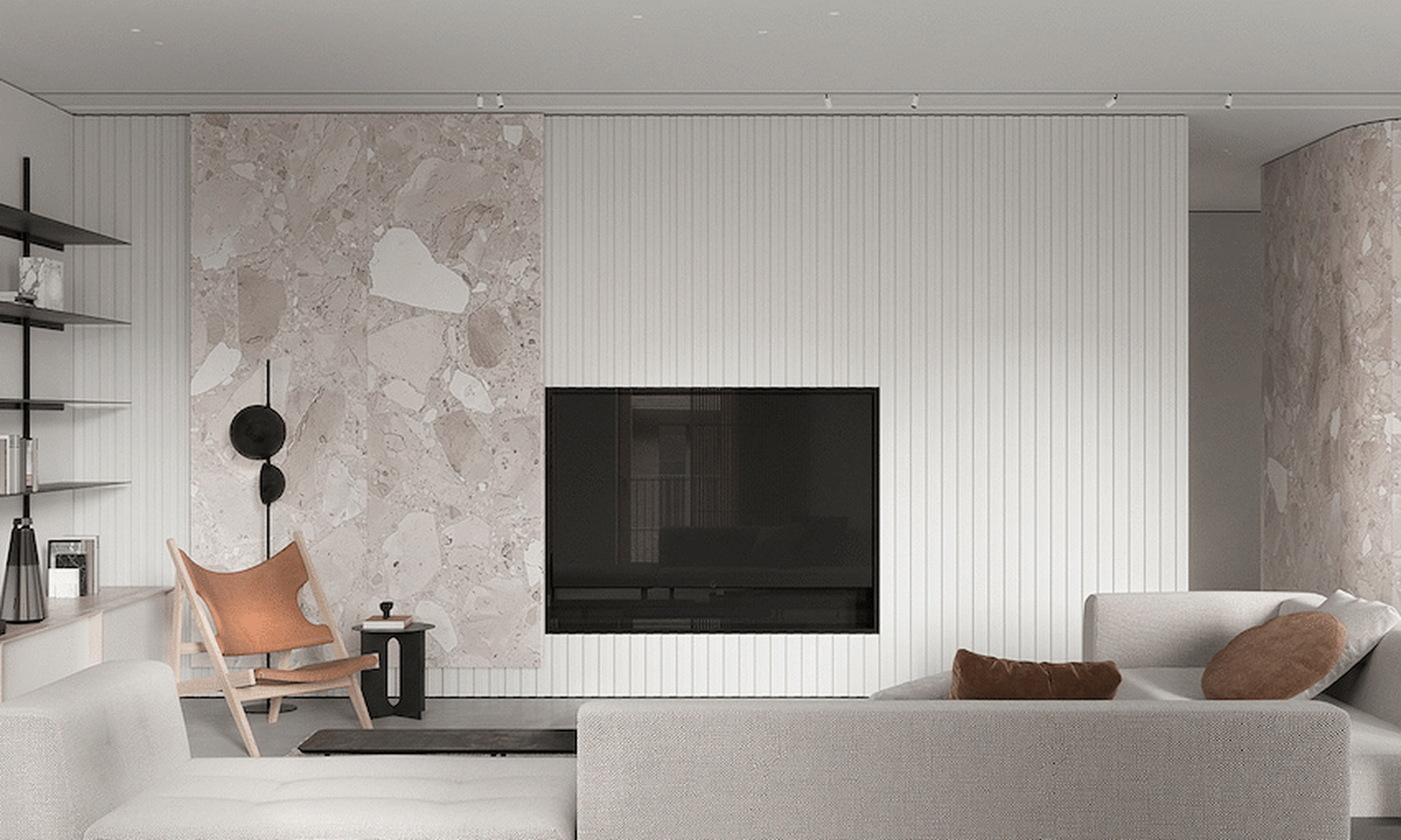 A modern living room featuring a minimalist design with neutral textiles, a marble accent wall, and a sleek fireplace.