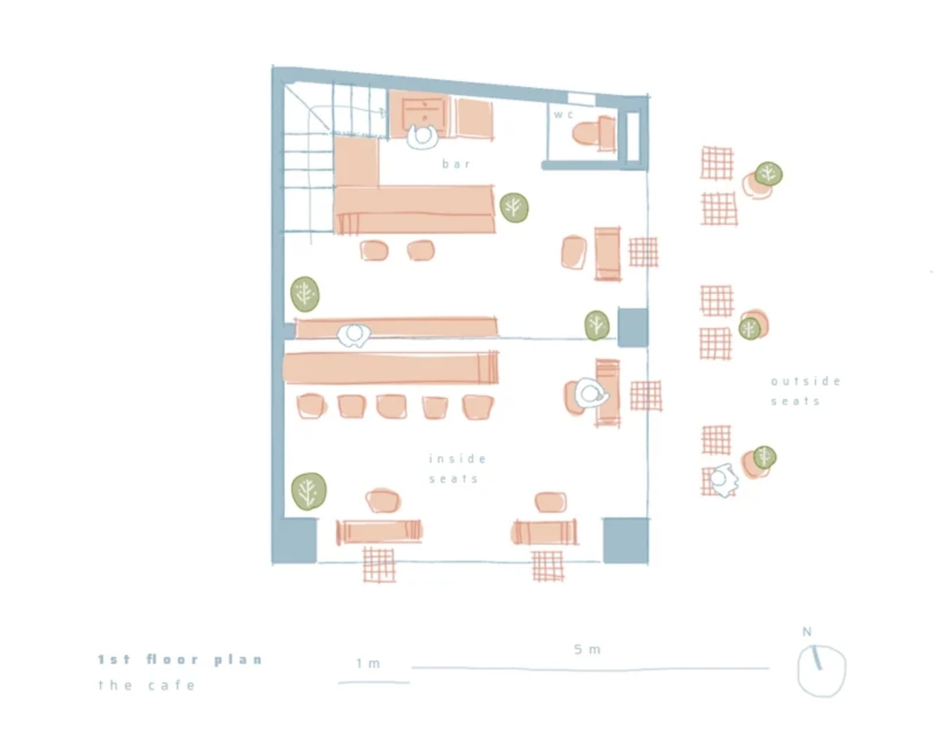 A rendered, detailed floor plan of a cafe showing interior and outdoor seating arrangements, bar, washroom, and furniture lay