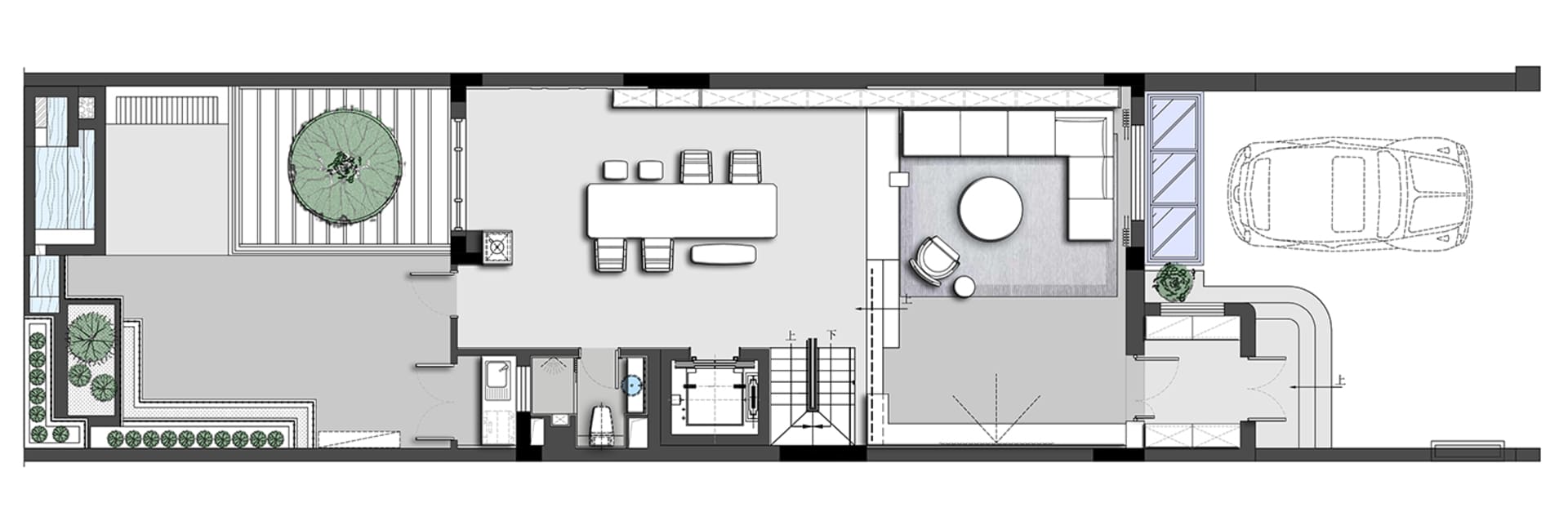 Floor plan of a modern residential living space with a concrete floor.