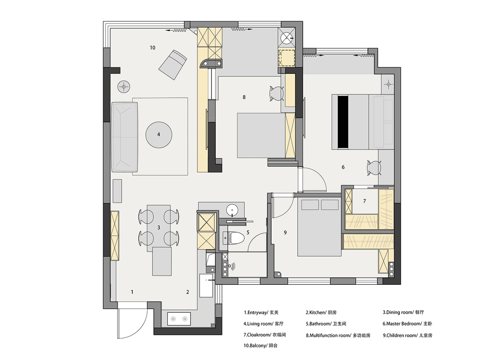 A modern apartment layout with white color scheme and mixed materials.
