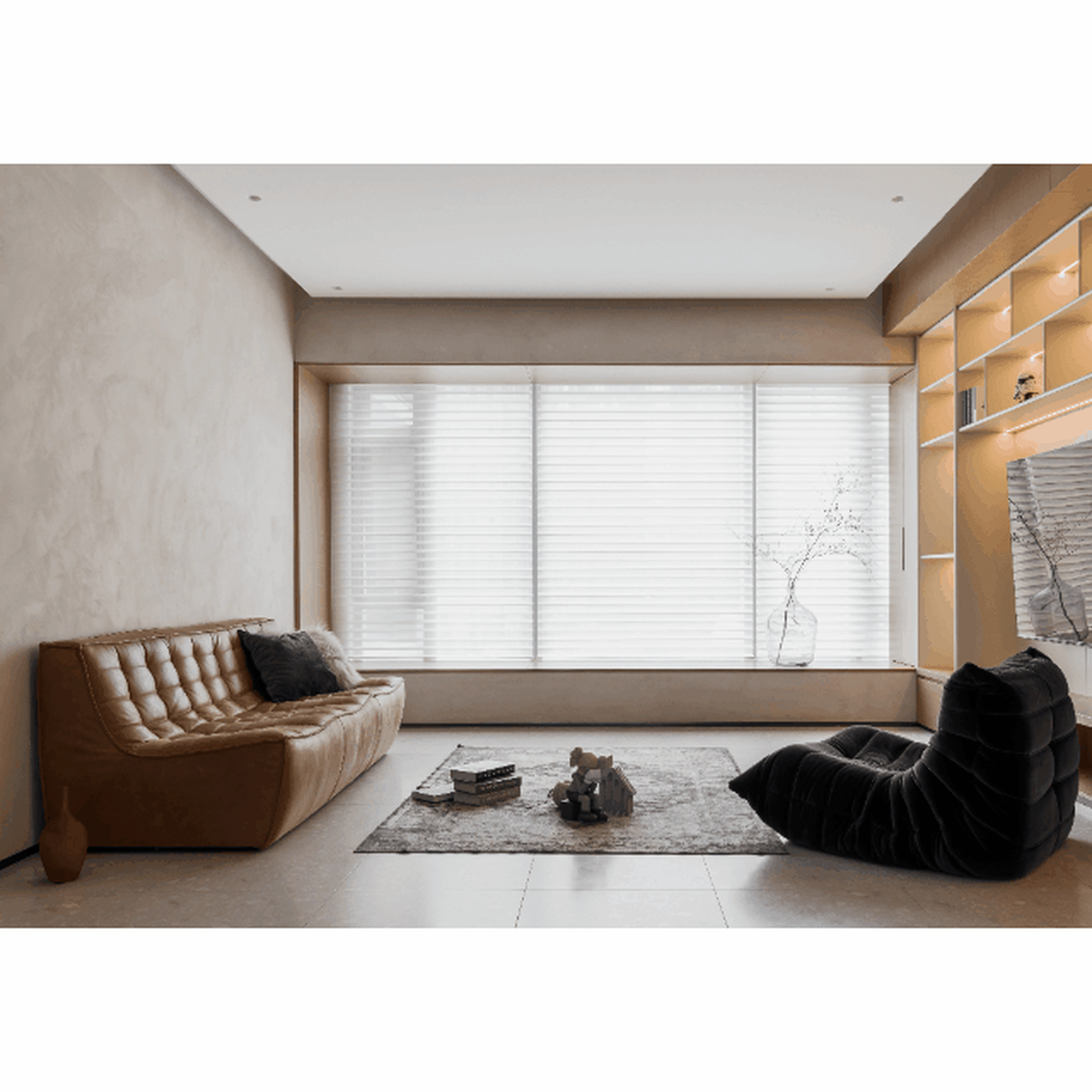 Minimalist living room with textured concrete floor and white blinds on large windows.