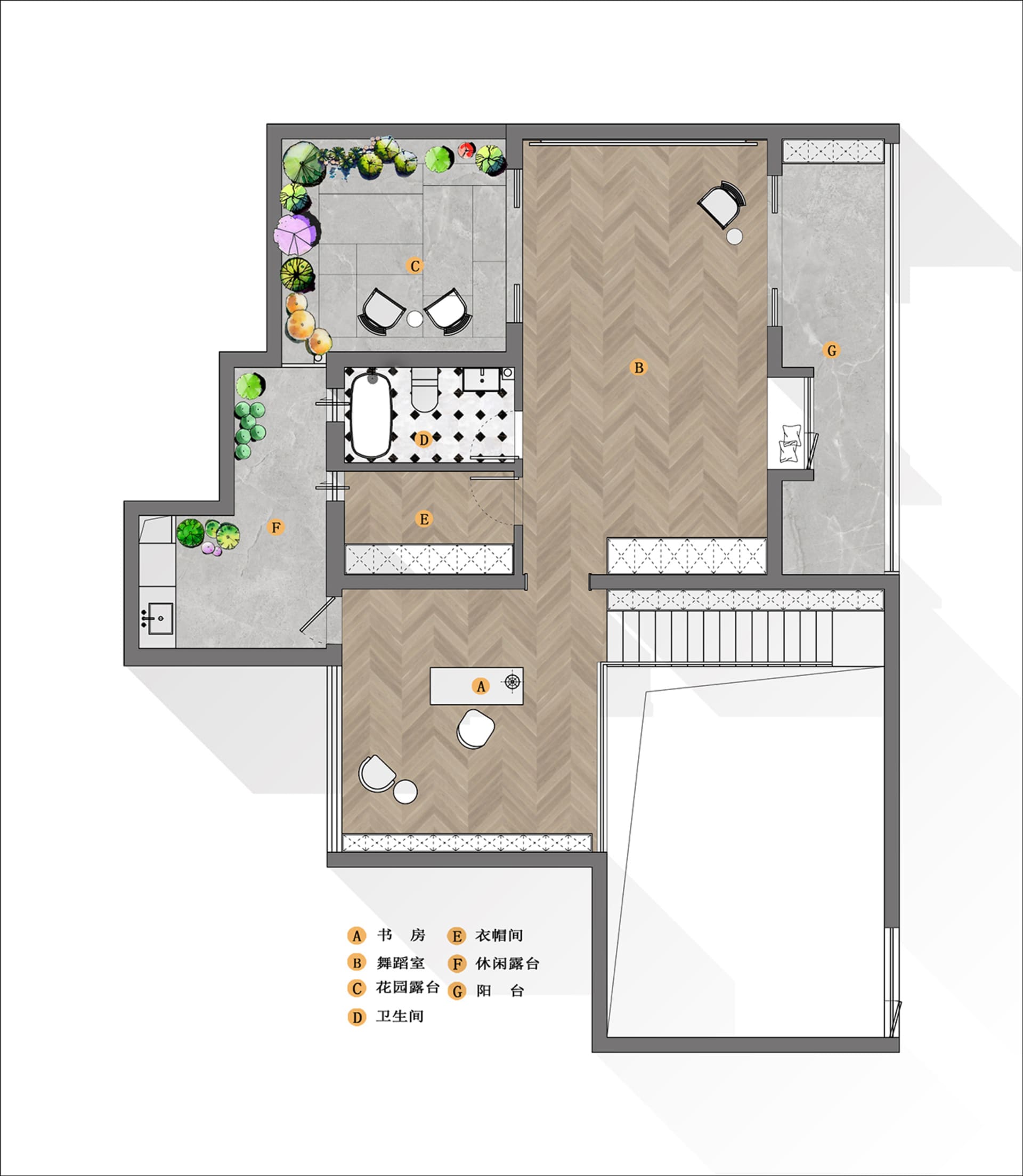 Modern floor plan featuring wooden flooring, showcasing contemporary design elements.