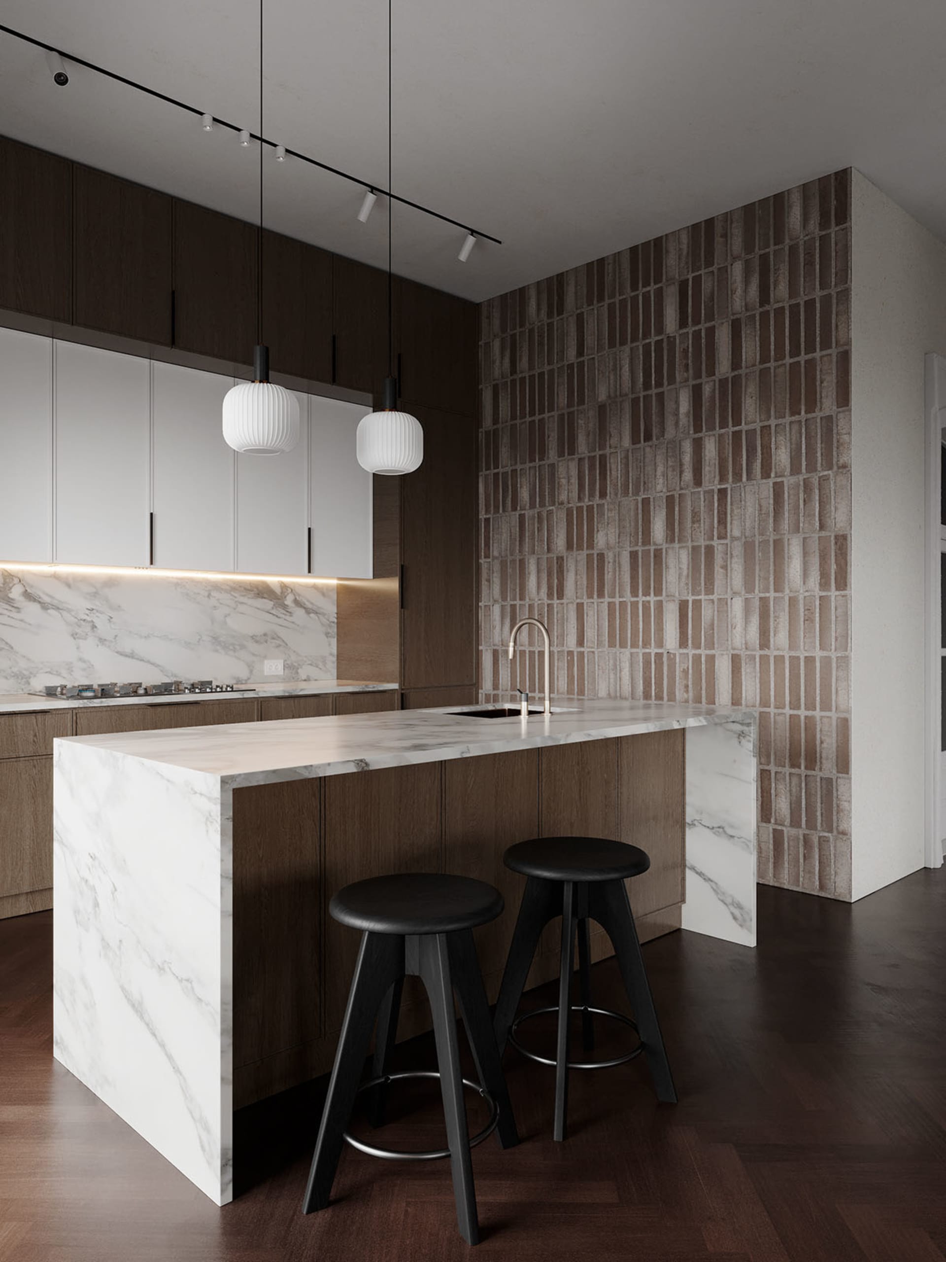 Modern kitchen with marble countertops and dark wooden cabinets.