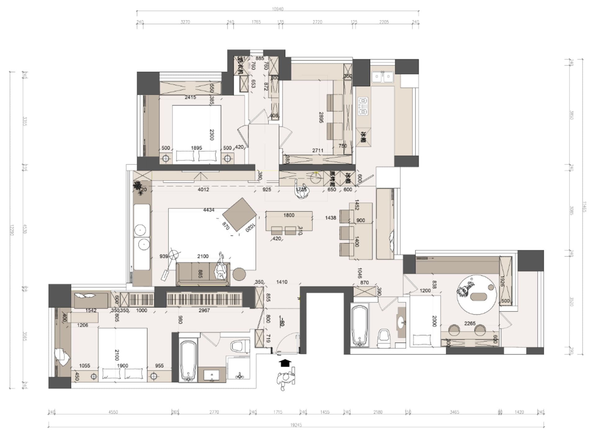 A modern living space with a tile floor plan.