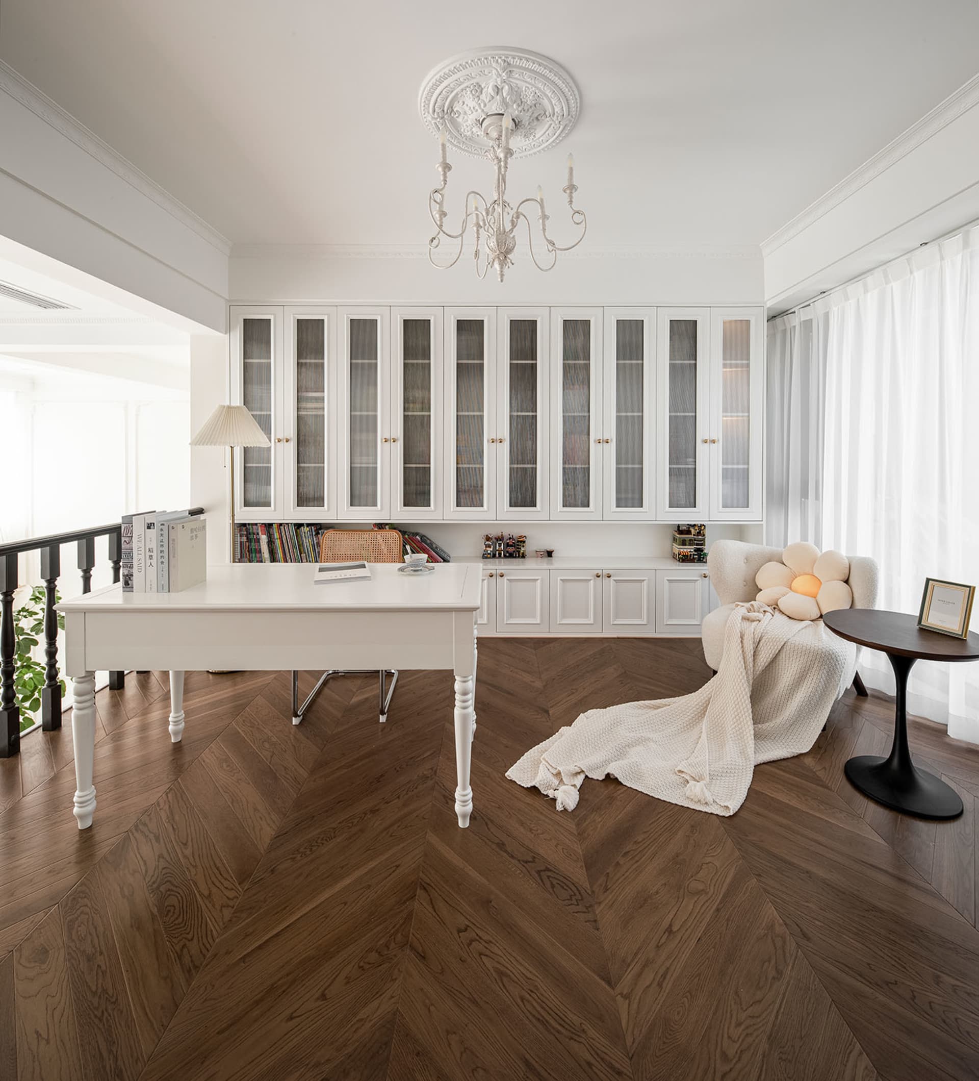 Modern residential interior featuring wood, glass, and white materials